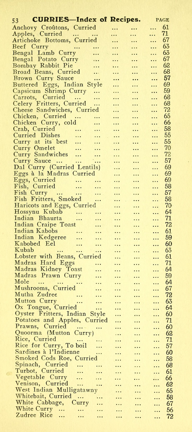 Anchovy Croutons, Curried ... 61 Apples, Curried ... 71 Artichoke Bottoms, Curried ... 67 Beef Curry ... 63 Bengal Lamb Curry ... 63 Bengal Potato Curry ... 67 Bombay Rabbit Pie ... 62 Broad Beans, Curried ... 68 Brown Curry Sauce ... 57 Buttered Eggs, Indian Style ... 69 Capsicum Shrimp Curry ... 59 Carrots, Curried ... 68 Celery Fritters, Curried ... 68 Cheese Sandwiches, Curried ... 72 Chicken, Curried ... 65 Chicken Curry, cold ... 66 Crab, Curried ... 58 Curried Dishes ... 55 Curry at its' best ... 55 Curry Omelet ... 70 Curry Sandwiches ... 72 Curry Sauce ... ... ... ... 57 Dal Curry (Curried Lentils) ... 69 Eggs a la Madras Curried ... 69 Eggs, Curried •.» ... 69 Fish, Curried ... 58 Fish Curry ... 57 Fish Fritters, Smoked ... 58 Haricots and Eggs, Curried ... 70 Hossynu Kubab ... 64 Indian Bhaurta ... 71 Indian Craipe Toast ... 72 Indian Kabobs ... 61 Indian Kedgeree ... 59 Kabobed Eel ... 60 Kubab ... 63 Lobster with Beans, Curried ... 61 Madras Hard Eggs ... 71 Madras Kidney Toast ... 64 Madras Prawn Curry ... 59 Mole ... 64 Mushrooms, Curried ... 67 Mutha Zudree ... 72 Mutton Curry ... 63 Ox Tongue, Curried ... 64 Oyster Fritters, Indian Style ... 60 Potatoes and Apples, Curried ... 71 Prawns, Curried ... 60 Quoorma (Mutton Curry) ... 62 Rice, Curried ... 71 Rice for Curry, To boil ... 57 Sardines a l’lndienne ... 60 Smoked Cods Roe, Curried ... 58 Spinach, Curried ... 68 Turbot, Curried ... 61 Vegetable Curry ... 66 Venison, Curried ... 62 West Indian Mulligatawny ... 65 Whitebait, Curried ... ... 58 White Cabbage, Curry ... 67 White Curry ... 56 Zudree Rice ... ... 72