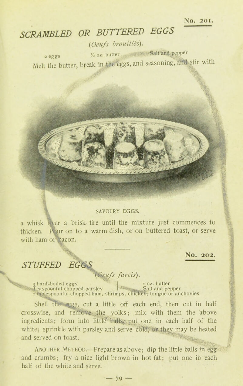 SCRAMBLED OR BUTTERED EGGS (Oei/fs brouilles). 2 eggs 54 oz. butter • - Salt and pepper Melt the butter, break in the eggs, and seasoning, afftt stir with a whisk %er a brisk tire until the mixture just commences to thicken. Phiir on to a warm dish, or on buttered toast, or serve with ham or*h>acon. No. 202. STUFFED EGGS farcis). - 3 hard-boiled eggs Xeaspoonful chopped parsley 1 tajjjespoonful chopped ham, shrimps, cRT ShellT!Tte~ ®ggg, cut a little off each end, then cut in half crosswise, and remote the yolks; mix with them the above ingredients; form into littli? balls,\put one in each half of the white; sprinkle with parsley and serve cold, or they may be heated and served on toast. 1 oz. butter alt and pepper tongue or anchovies Another Method.—Prepare as above; dip the little balls in egg and crumbs; fry a nice light brown in hot fat; put one in each half of the white and serve.