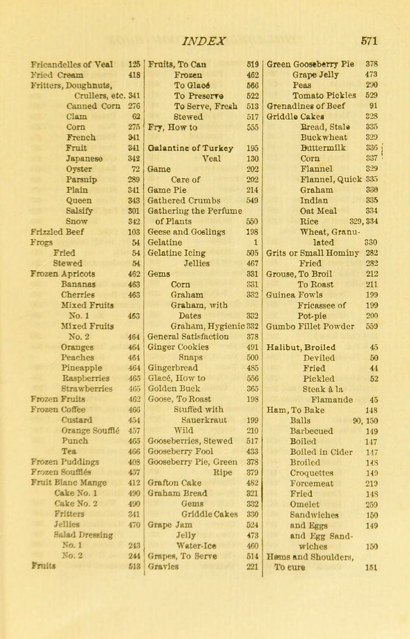 Fricandelles of Veal 125 Fried Cream 418 Fritters, Doughnuts, Crullers, etc. 341 Canned Com 276 Clam 62 Cora 275 French 341 Fruit 341 Japanese 342 Oyster 72 Parsnip 289 Plain 341 Queen 343 Salsify 301 Snow 342 Frizzled Beef 103 Frogs 54 Fried 54 Stewed 54 Frozen Apricots 462 Bananas 463 Cherries 463 Mixed Fruits No. 1 463 Mixed Fruits No. 2 464 Oranges 464 Peaches 464 Pineapple 464 Raspberries 465 Strawberries 465 Frozen Fruits 462 Frozen Coffee 466 Custard 4.>4 Orange .Soufil6 4.57 Punch 465 Tea 466 Frozen Puddings 403 Frozen Souffles 4.57 Fruit Blanc Mange 412 Cake No. 1 490 Cake No. 2 490 Fritters .341 Jellies 470 Sala/1 Dressing No. 1 243 No. 2 244 Frniu 513 Frnitfl, To Can 519 Frozen 462 To Olao4 566 To Preserro 522 To Serye, Fresh 513 Slewed 517 Fry, How to 555 Oalantine of Turkey 195 Veal 130 Game 202 Care of 202 Game Ke 214 Gathered Crumbs 549 Gathering the Perfume of Plants 550 Geese and Goslings 198 Gelatine 1 Gelatine Icing 505 JelUes 467 Gems 331 Corn 331 Graham 332 Graham, with Bates 332 Grah.un, Hygienic 332 General Satisfaction 373 Ginger Cookies 491 Snaps 500 Gingerbread 485 I GlacC, How to 556 j Golden Buck 365 ' Goose, To Roast 198 Stuffed with Sauerkraut 199 Wild 210 Gooseberries, Stewed 517 j Gooseberry Fool 433 1 Gooseberry Pie, Green 378 Ripe 379 Grafton Cake 482 Graham Bread 321 Gems 332 Griddle Cakes 330 Grape Jam 524 Jelly 473 Water-Ice 460 Grai>es, To Serve 614 Gravies 221 I Green Gooseberry Pie 378 Grape Jelly 473 Peas 290 Tomato Pickles 629 Grenadines of Beef 91 Griddle Cakes 328 Bread, Stale 335 Buckwheat 329 Buttermilk 336 Corn 337 Flannel 329 Flannel, Quick 335 Graham 330 Indian 335 Oat Meal 334 Rice ^29,334 Wheat, Granu- lated 330 Grits or Small Hominy 282 Fried 282 Grouse, To Broil 212 To Roast 211 Guinea Fowls 199 Fricassee of 199 Pot-pie 200 Gumbo Fillet Powder 559 Halibut, Broiled 45 Deviled 50 Fried 44 Pickled 52 Steak k la Flamande 45 Ham, To Bake 148 Balls 90, 150 Barbecued 149 Boiled 147 Boiled in Cider 147 Broiled 148 Croquettes 149 Forcemeat 219 Fried 148 Omelet 259 Sandwiches 150 and Eggs 149 and Kgg Sand- tvlchcs 150 Hams and Shoulders, To cure 151