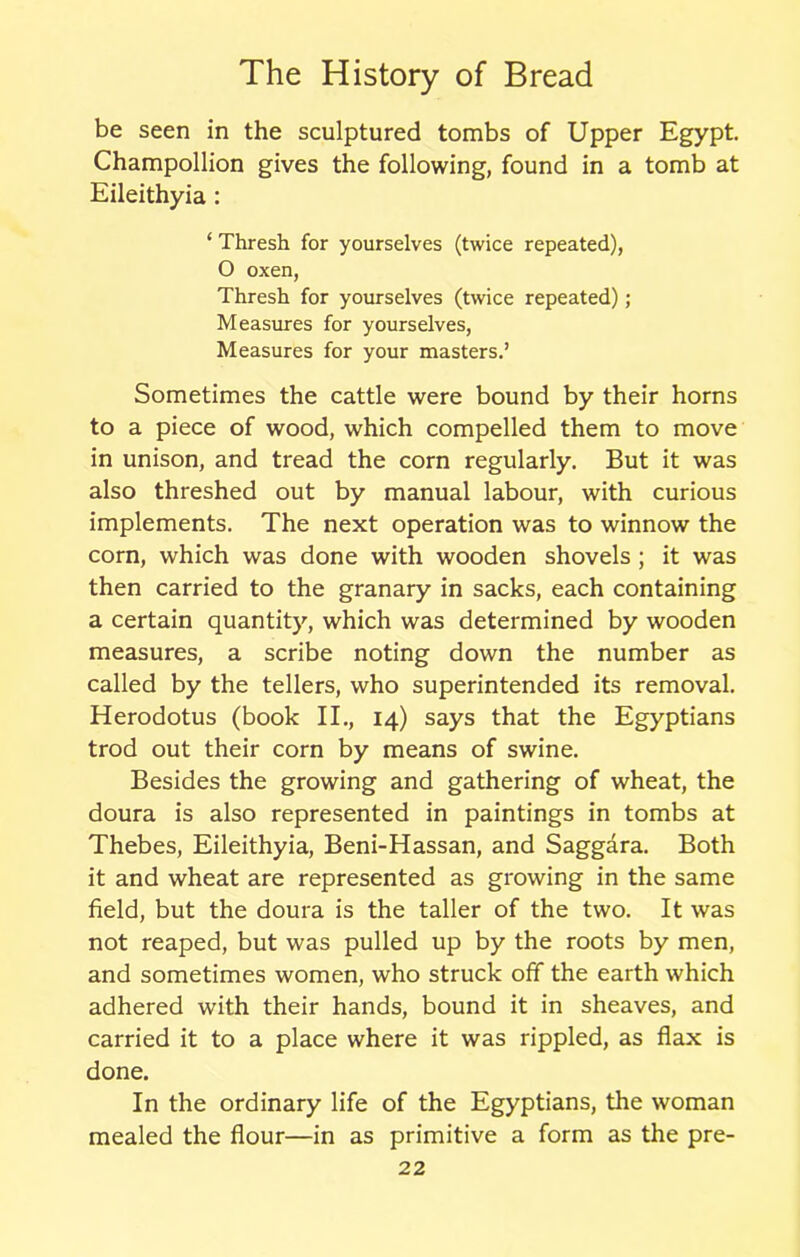 be seen in the sculptured tombs of Upper Egypt. Champollion gives the following, found in a tomb at Eileithyia: ‘ Thresh for yourselves (twice repeated), O oxen, Thresh for yourselves (twice repeated); Measures for yourselves, Measures for your masters.’ Sometimes the cattle were bound by their horns to a piece of wood, which compelled them to move in unison, and tread the corn regularly. But it was also threshed out by manual labour, with curious implements. The next operation was to winnow the corn, which was done with wooden shovels ; it was then carried to the granary in sacks, each containing a certain quantity, which was determined by wooden measures, a scribe noting down the number as called by the tellers, who superintended its removal. Herodotus (book II., 14) says that the Egyptians trod out their corn by means of swine. Besides the growing and gathering of wheat, the doura is also represented in paintings in tombs at Thebes, Eileithyia, Beni-Hassan, and Saggara. Both it and wheat are represented as growing in the same field, but the doura is the taller of the two. It was not reaped, but was pulled up by the roots by men, and sometimes women, who struck off the earth which adhered with their hands, bound it in sheaves, and carried it to a place where it was rippled, as flax is done. In the ordinary life of the Egyptians, the woman mealed the flour—in as primitive a form as the pre-