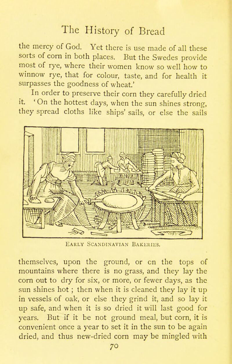 the mercy of God. Yet there is use made of all these sorts of corn in both places. But the Swedes provide most of rye, where their women know so well how to winnow rye, that for colour, taste, and for health it surpasses the goodness of wheat.’ In order to preserve their corn they carefully dried it. ‘ On the hottest days, when the sun shines strong, they spread cloths like ships’ sails, or else the sails themselves, upon the ground, or on the tops of mountains where there is no grass, and they lay the corn out to dry for six, or more, or fewer days, as the sun shines hot ; then when it is cleaned they lay it up in vessels of oak, or else they grind it, and so lay it up safe, and when it is so dried it will last good for years. But if it be not ground meal, but corn, it is convenient once a year to set it in the sun to be again dried, and thus new-dried corn may be mingled with