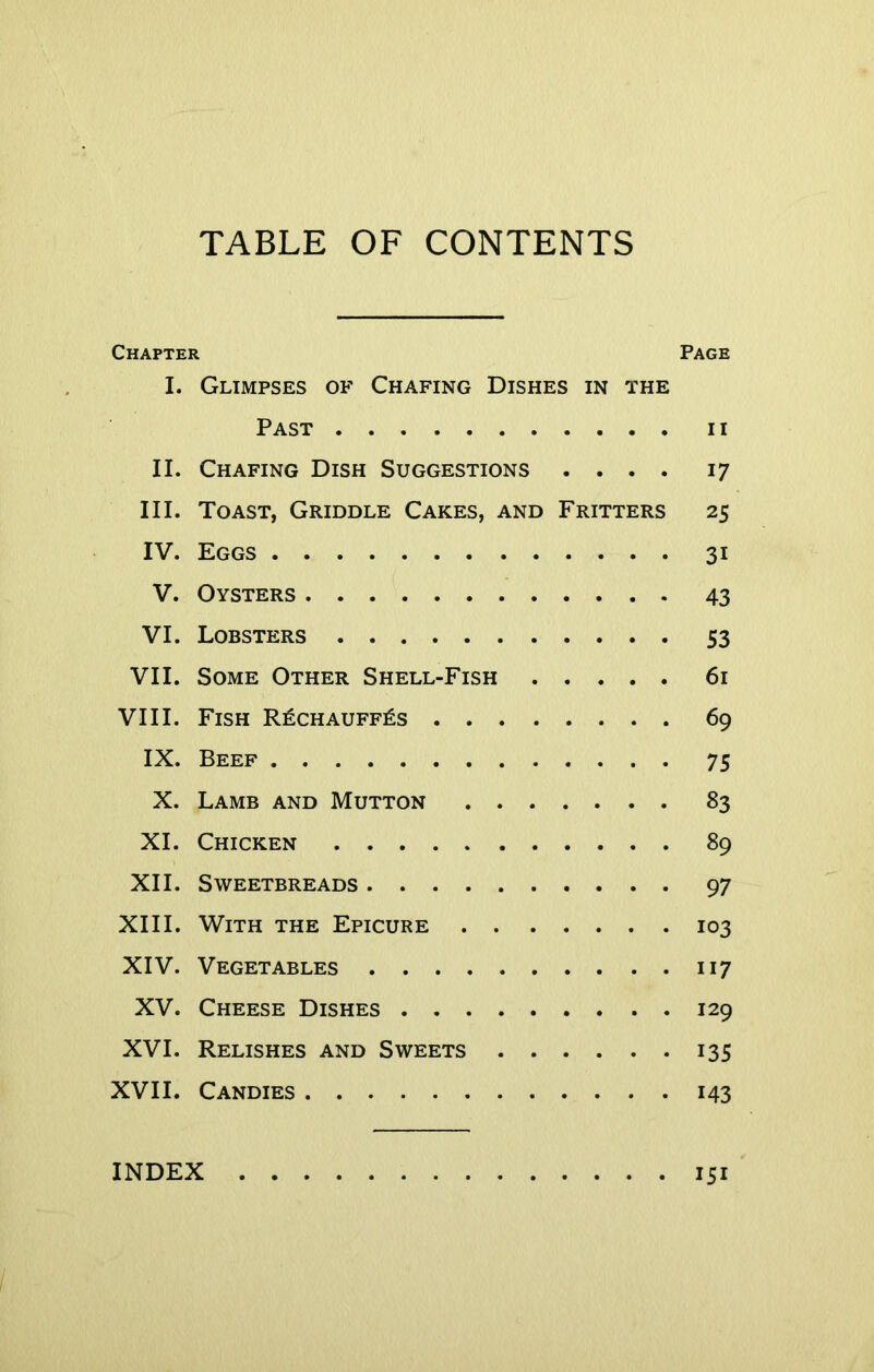 TABLE OF CONTENTS Chapter Page I. Glimpses of Chafing Dishes in the Past 11 II. Chafing Dish Suggestions .... 17 III. Toast, Griddle Cakes, and Fritters 25 IV. Eggs 31 V. Oysters 43 VI. Lobsters 53 VII. Some Other Shell-Fish 61 VIII. Fish R6chauff£s 69 IX. Beef 75 X. Lamb and Mutton 83 XI. Chicken 89 XII. Sweetbreads 97 XIII. With the Epicure 103 XIV. Vegetables 117 XV. Cheese Dishes 129 XVI. Relishes and Sweets 135 XVII. Candies 143 151 INDEX