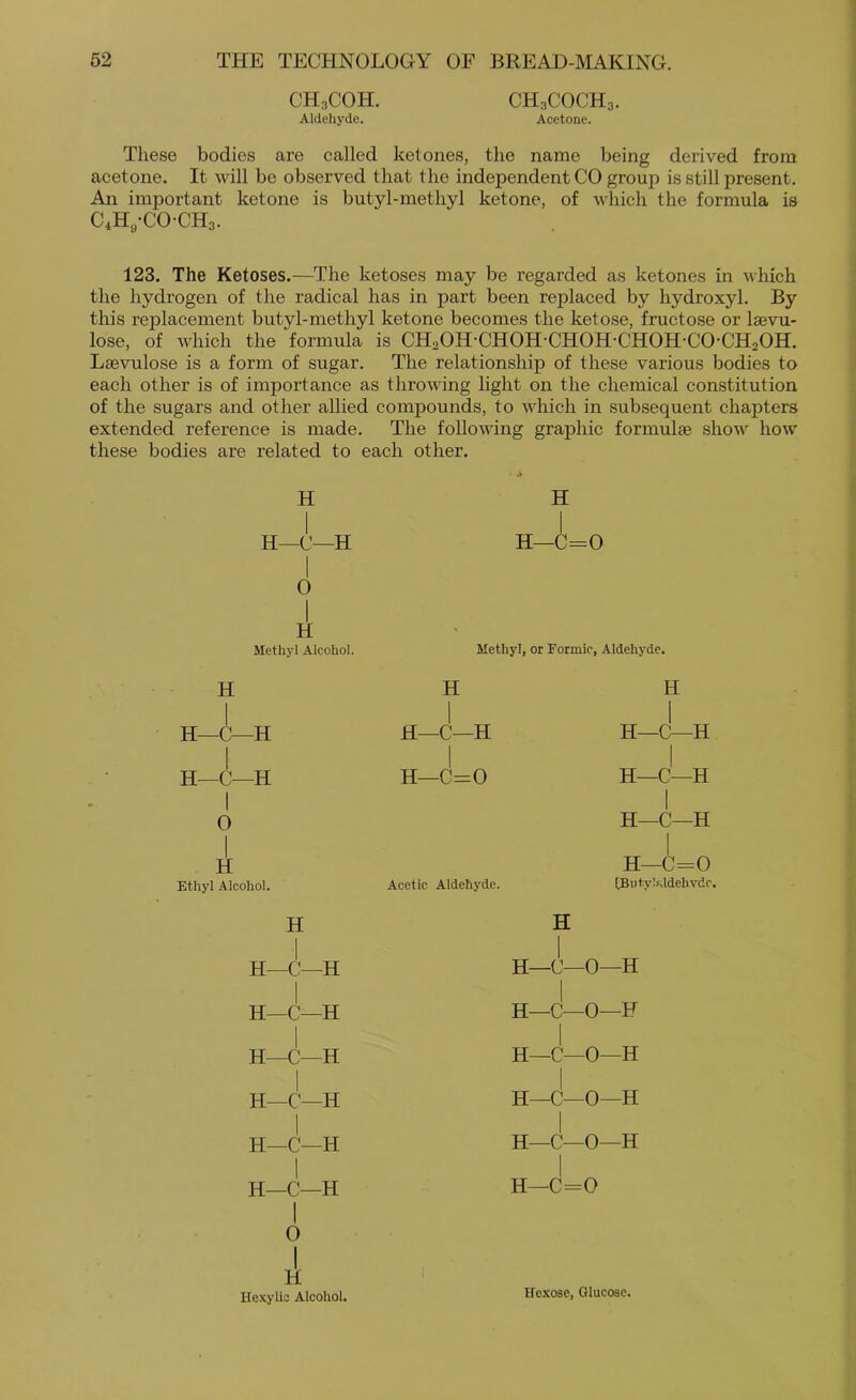 CH3COH. CH3COCH3. Aldehyde. Acetone. These bodies are called ketones, the name being derived from acetone. It will be observed that the independent CO group is still present. An important ketone is butyl-methyl ketone, of Avhich the formula is C4HyCOCH3. 123. The Ketoses.—The ketoses may be regarded as ketones in which the hydrogen of the radical has in part been replaced by hydroxyl. By this replacement butyl-methyl ketone becomes the ketose, fructose or laevu- lose, of which the formula is CHaOH-CHOH-CHOH-CHOH-CO-CHaOH. Laevulose is a form of sugar. The relationship of these various bodies to each other is of importance as throwing hght on the chemical constitution of the sugars and other allied compounds, to which in subsequent chapters extended reference is made. The following graphic formulae show how these bodies are related to each other. H > H 1 H—C—H 1 0 1 j H—C=0 1 H Methyl Alcohol. Methyl, or Eormic, Aldehyde. H H H 1 H—C—H 1 j H—C—H H—C—H 1 H—C—H 1 j 1 H—C=0 H—C—H I 1 0 1 H—C—H 1 H Ethyl Alcohol. H—C=0 Acetic Aldehyde. (Eut.yhddehvdc. H H j H—C—H 1 H—C—0—H j H—C—H 1 H—C—0—F 1 H—C—H H—C—0—H 1 H—C—H H—C—0—H 1 H—C—H H—C—0—H 1 1 H—C—H 1 0 1 H—C=0 1 H Hexylic Alcohol. He.xose, Glucose.