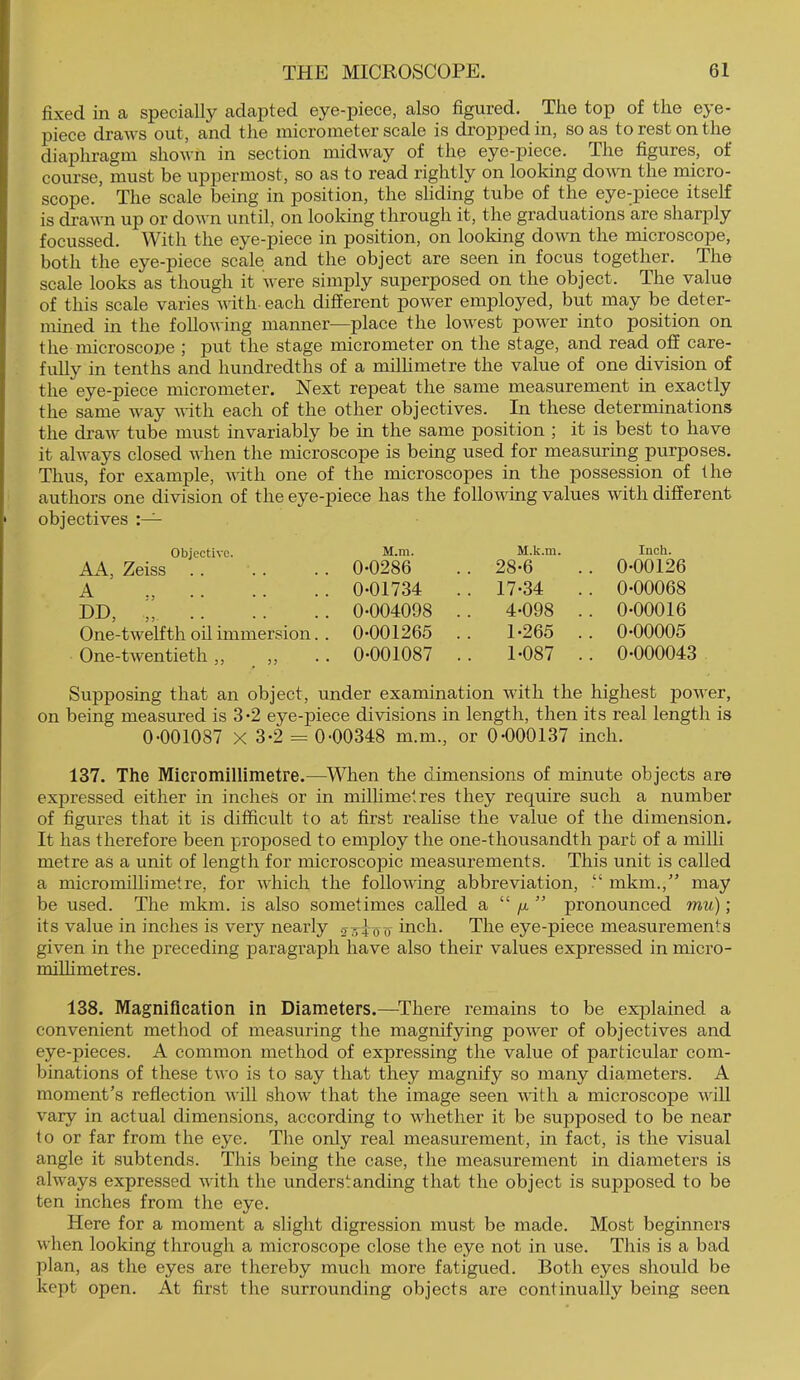fixed in a specially adapted eye-piece, also figured. The top of the eye- piece draws out, and the micrometer scale is dropped in, so as to rest on the diaphragm shoum in section midway of the eye-piece. The figures, of course, must be uppermost, so as to read rightly on looking down the micro- scope. The scale being in position, the shding tube of the eye-piece itself is drawn up or down until, on looking through it, the graduations are sharply focussed. With the eye-piece in position, on looking down the microscope, both the eye-piece scale and the object are seen in focus together. The scale looks as though it were simply superposed on the object. The value of this scale varies with- each different power employed, but may be deter- mined in the following manner—place the lowest power into position on the microscope ; put the stage micrometer on the stage, and read off care- fully in tenths and hundredths of a millimetre the value of one division of the eye-piece micrometer. Next repeat the same measurement in exactly the same way with each of the other objectives. In these determinations the draw tube must invariably be hr the same position ; it is best to have it ahvays closed when the microscope is being used for measuring purposes. Thus, for example, with one of the microscopes in the possession of the authors one division of the eye-piece has the following values with different objectives Objective. M.m. M.k.m. Inch. AA, Zeiss .. 0-0286 28-6 0-00126 A „ 0-01734 .. 17-34 .. 0-00068 DD, „ .. . . .. 0-004098 .. 4-098 .. 0-00016 One-twelfth oil immersion. . 0-001265 .. 1-265 .. 0-00005 One-twentieth,, ,, 0-001087 .. 1-087 .. 0-000043 Supposing that an object, under examination with the highest j)Ower, on being measured is 3-2 eye-piece divisions in length, then its real length is 0-001087 X 3-2 = 0-00348 m.m., or 0-000137 inch. 137. The Micromillimetre.—^When the dimensions of minute objects are expressed either in inches or in millimetres they require such a number of figures that it is difficult to at first realise the value of the dimension. It has therefore been proposed to emjDloy the one-thousandth part of a milli metre as a unit of length for microscopic measurements. This unit is called a micro milli met re, for which the following abbreviation, mkm.,” may be used. The mkm. is also sometimes called a “ /x ” pronounced mu); its value in inches is very nearly inch. The eye-piece measurements given in the preceding paragraph have also their values expressed in micro- miUimetres. 138. Magnification in Diameters.—^There remains to be exjDlained a convenient method of measuring the magnifying power of objectives and eye-pieces. A common method of expressing the value of particular com- binations of these two is to say that they magnify so many diameters. A moment’s reflection will show that the image seen with a microscope will vary in actual dimensions, according to whether it be supposed to be near to or far from the eye. The only real measurement, in fact, is the visual angle it subtends. This being the case, the measurement in diameters is always expressed with the understanding that the object is supposed to be ten inches from the eye. Here for a moment a slight digression must be made. Most beginners when looking through a microscope close the eye not in use. This is a bad plan, as the eyes are thereby much more fatigued. Both eyes should be kept open. At first the surrounding objects are continually being seen