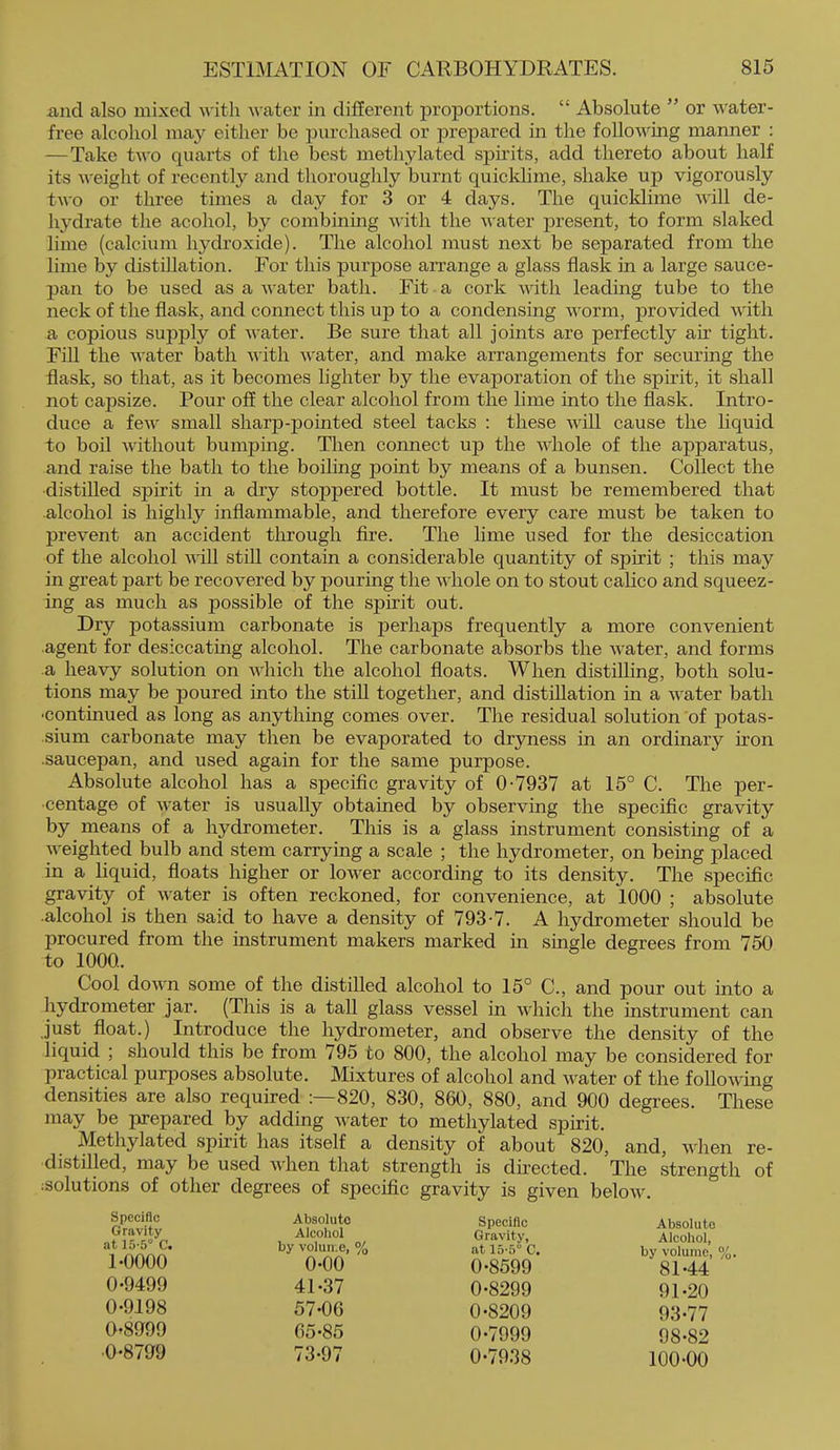 iuicl also mixed with water in different jjroportions. “ Absolute ” or water- free alcohol may either be jnirchased or prepared in the following manner : — Take two quarts of the best methylated sj)irits, add thereto about half its ^\•eight of recently and thoroughly burnt quicldime, shake up vigorously two or three times a day for 3 or 4 days. The quicldime will de- hydrate the acohol, by combinmg with the water ]oresent, to form slaked lime (calcium hydroxide). The alcohol must next be separated from the lime by distillation. For this purpose arrange a glass flask in a large sauce- pan to be used as a water bath. Fit a cork with leading tube to the neck of the flask, and connect this up to a condensing worm, provided with a copious supply of water. Be sure that all joints are perfectly air tight. Fill the water bath with water, and make arrangements for securing the flask, so that, as it becomes lighter by the evaporation of the spirit, it shall not capsize. Pour off the clear alcohol from the lime into the flask. Intro- duce a few small shar]3-j)ointed steel tacks : these will cause the liquid to boil without bumping. Then connect up the whole of the apparatus, and raise the bath to the boiling point by means of a bunsen. Collect the •distilled spirit in a dry stoppered bottle. It must be remembered that alcohol is highly inflammable, and therefore every care must be taken to prevent an accident through fire. The lime used for the desiccation of the alcohol vdll still contain a considerable quantity of spirit ; this may in great part be recovered by pouring the whole on to stout calico and squeez- ing as much as possible of the spirit out. Dry potassium carbonate is perhaps frequently a more convenient agent for desiccating alcohol. The carbonate absorbs the water, and forms a heavy solution on which the alcohol floats. When distilling, both solu- tions may be poured into the stiU together, and distfllation in a water bath •continued as long as anything comes over. The residual solution of potas- sium carbonate may then be evaporated to dryness in an ordinary iron .saucepan, and used again for the same purpose. Absolute alcohol has a specific gravity of 0-7937 at 15° C. The per- centage of water is usually obtained by observing the specific gravity by means of a hydrometer. This is a glass instrument consisting of a weighted bulb and stem carrying a scale ; the hydrometer, on bemg jflaced in a liquid, floats higher or lower according to its density. The specific gravity of water is often reckoned, for convenience, at 1000 ; absolute alcohol is then said to have a density of 793-7. A hydrometer should be procured from the instrument makers marked in siugle degrees from 750 to 1000. Cool down some of the distilled alcohol to 15° C., and pour out into a hydrometer jar. (This is a tall glass vessel in which the instrument can just float.) Introduce the hydrometer, and observe the density of the liquid ; should this be from 795 to 800, the alcohol may be considered for practical purposes absolute. Mixtures of alcohol and water of the following densities are also required 820, 830, 860, 880, and 900 degrees. These may be jnepared by adding water to methylated spirit. Methylated spirit has itself a density of about 820, and, when re- distilled, may be used when that strength is directed. The strength of :solutions of other degrees of specific gravity is given below. Specific Absolute Specific Absolute Gravity at 15-5° C. Alcohol by voluir.e, % Gravity, at C. Alcohol, by volume. 1-0000 0-00 0-8599 81-44 0-9499 41-37 0-8299 91-20 0-9198 57-06 0-8209 93-77 0-8999 65-85 0-7999 98-82 0-8799 73-97 0-7938 100-00