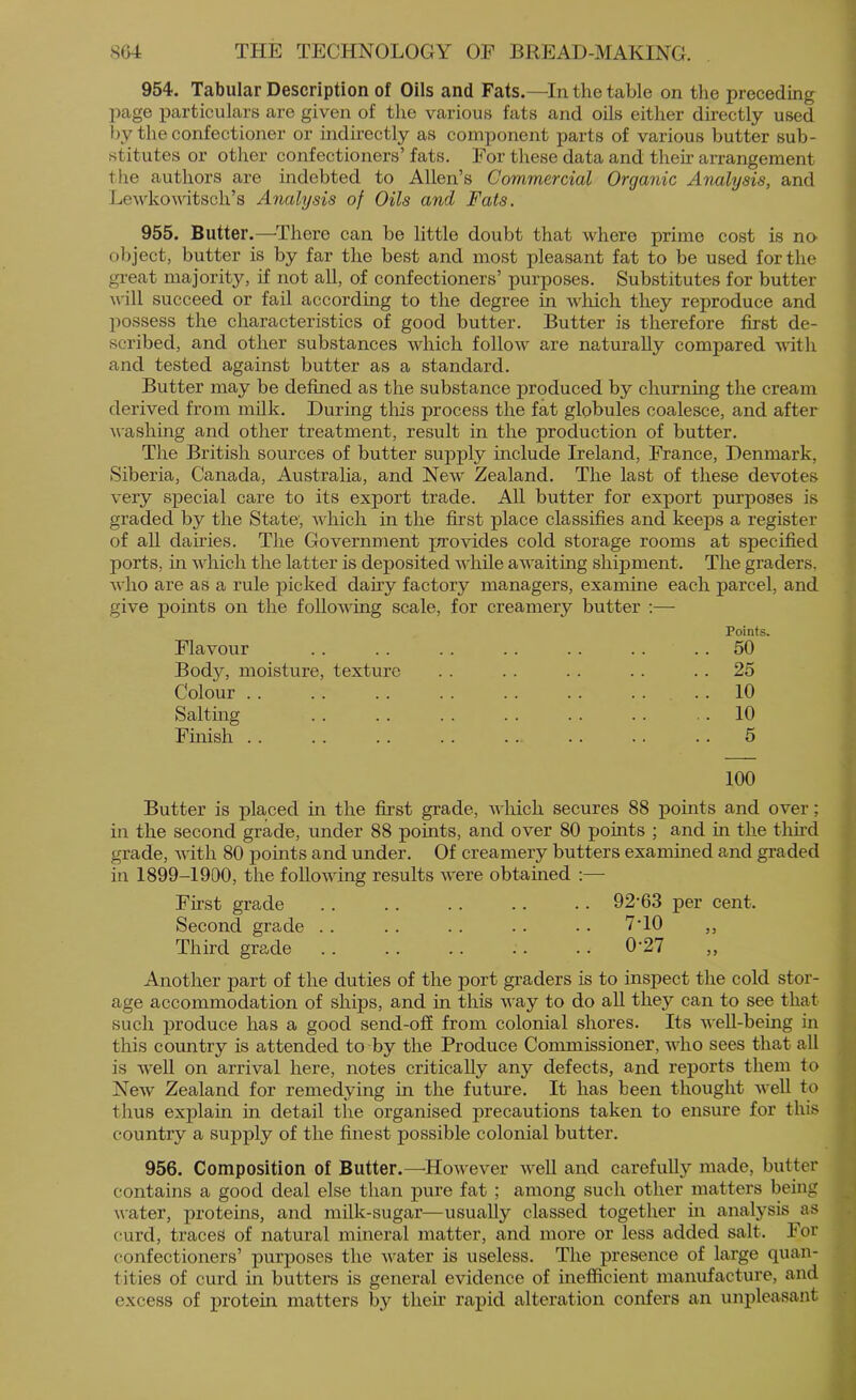 954. Tabular Description of Oils and Fats.—In the table on the preceding page particulars are given of the various fats and oils either directly used by the confectioner or indirectly as component parts of various butter sub- stitutes or other confectioners’ fats. For these data and their aiTangement the authors are indebted to Allen’s Commercial Organic Analysis, and Lewkowitsch’s Analysis of Oils and Fats. 955. Butter.—^There can be little doubt that where prime cost is no object, butter is by far the best and most pleasant fat to be used for the great majority, if not all, of confectioners’ purposes. Substitutes for butter will succeed or fail according to the degree in which they reproduce and possess the characteristics of good butter. Butter is therefore first de- scribed, and other substances which follow are naturally compared with and tested against butter as a standard. Butter may be defined as the substance produced by churning the cream derived from milk. During this process the fat globules coalesce, and after washing and other treatment, result in the production of butter. The British sources of butter supply include Ireland, France, Denmark, Siberia, Canada, Australia, and New Zealand. The last of these devotes very special care to its export trade. All butter for export purposes is graded by the State', which in the first place classifies and keeps a register of all dairies. The Government provides cold storage rooms at specified ports, in which the latter is deposited while awaiting shipment. The graders, who are as a rule picked dany factory managers, examine each parcel, and give points on the following scale, for creamery butter ;— Points. Flavour .. .. .. .. .. .. .. 50 Body, moisture, texture . . . . . . . . . . 25 Colour .. .. .. . . .. .. .. .. 10 Salting . . . . . . . . . . . . .. 10 Finish . . . . .. . . .. . . 5 100 Butter is placed in the first grade, which secures 88 points and over; in the second grade, under 88 points, and over 80 points ; and in the third grade, with 80 points and under. Of creamery butters examined and graded in 1899-1900, the following results were obtained :— First grade .. .. .. .. .. 92‘63 per cent. Second grade . . . . . . . . .. VTO ,, Third grade .. .. .. .. .. 0*27 ,, Another part of the duties of the port graders is to inspect the cold stor- age accommodation of ships, and in this way to do all they can to see that such produce has a good send-ofi from colonial shores. Its weU-being in this country is attended to by the Produce Commissioner, who sees that all is M’ell on arrival here, notes critically any defects, and reports them to New Zealand for remedying in the future. It has been thought well to thus explain in detail the organised precautions taken to ensure for this country a supply of the finest possible colonial butter. 956. Composition of Butter.—'However well and carefully made, butter contains a good deal else than pure fat ; among such other matters being water, proteins, and milk-sugar—usually classed together in analysis as curd, traces of natural mineral matter, and more or less added salt. For confectioners’ purj)oses the water is useless. The presence of large quaii- tities of curd in butters is general evidence of inefficient manufacture, and excess of protein matters by their rapid alteration confers an unpleasant