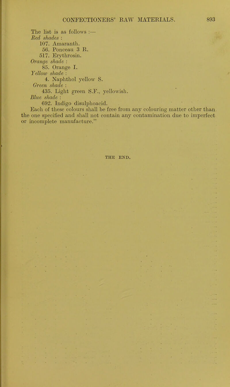 The list is as foUoAvs ;— Red shades : 107. Amaranth. 56. Ponceau 3 R. 517. Erythrosin. Orange shade : 85. Orange I. Yellow shade : 4. Naphthol yello-w S. Green shade : 435. Light green S.E., yellowish. Blue shade : 692. Indigo disulphoacid. Each of these colours shall be free from any colouring matter other than the one specified and shall not contain any contamination due to imperfect or incomplete manufacture.” THE END.