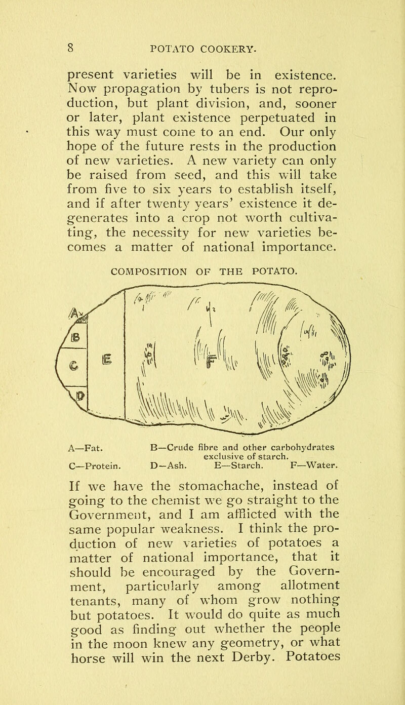 present varieties will be in existence. Now propagation by tubers is not repro- duction, but plant division, and, sooner or later, plant existence perpetuated in this way must come to an end. Our only hope of the future rests in the production of new varieties. A new variety can only be raised from seed, and this will take from five to six years to establish itself, and if after twenty years’ existence it de- generates into a crop not worth cultiva- ting, the necessity for new7 varieties be- comes a matter of national importance. COMPOSITION OF THE POTATO. If we have the stomachache, instead of going to the chemist w7e go straight to the Government, and I am afflicted with the same popular weakness. I think the pro- duction of new varieties of potatoes a matter of national importance, that it should be encouraged by the Govern- ment, particularly among allotment tenants, many of whom grow nothing but potatoes. It would do quite as much good as finding out whether the people in the moon knew any geometry, or what horse will win the next Derby. Potatoes