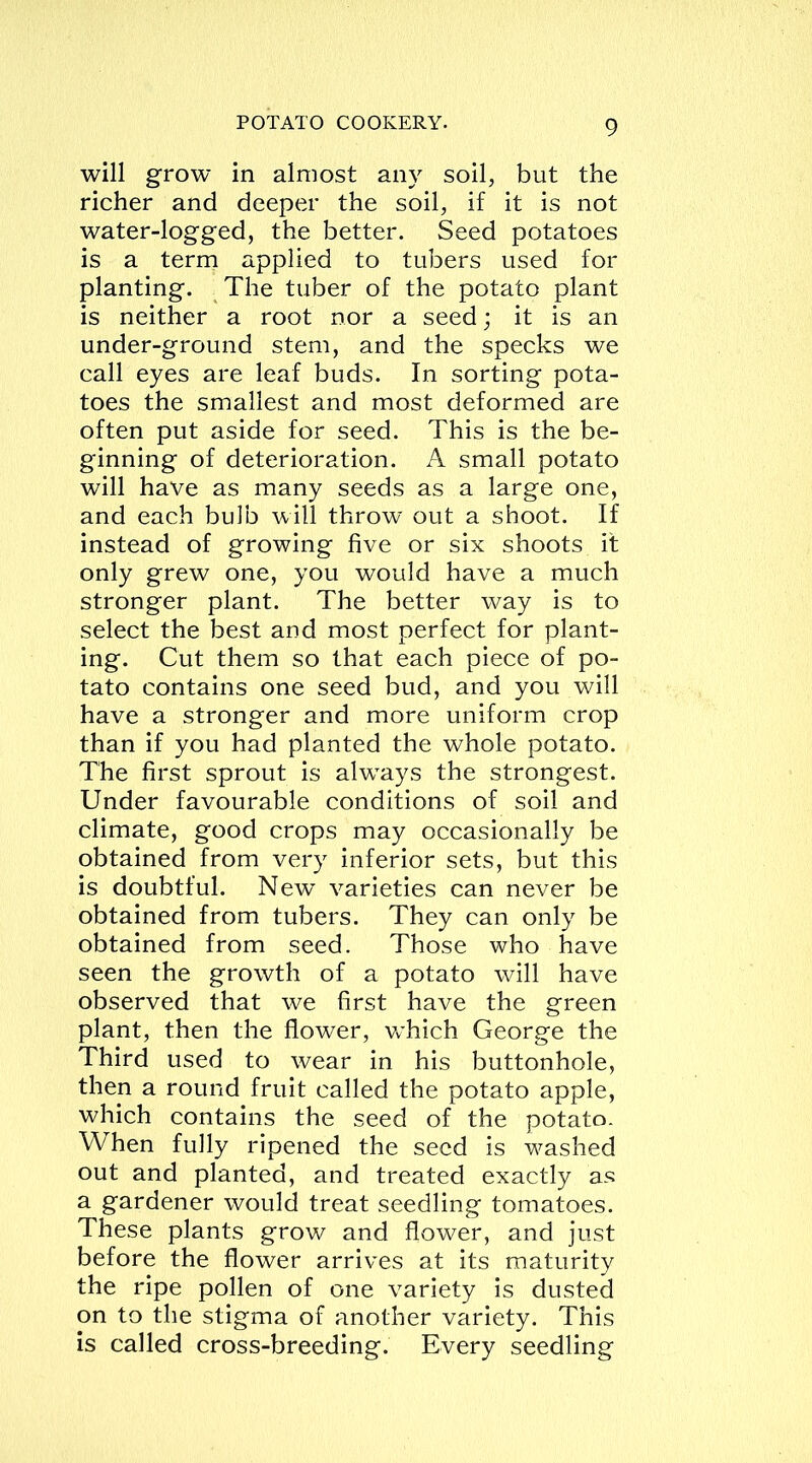 will grow in almost any soil, but the richer and deeper the soil, if it is not water-logged, the better. Seed potatoes is a term applied to tubers used for planting. The tuber of the potato plant is neither a root nor a seed; it is an under-ground stem, and the specks we call eyes are leaf buds. In sorting pota- toes the smallest and most deformed are often put aside for seed. This is the be- ginning of deterioration. A small potato will have as many seeds as a large one, and each bulb will throw out a shoot. If instead of growing five or six shoots it only grew one, you would have a much stronger plant. The better way is to select the best and most perfect for plant- ing. Cut them so that each piece of po- tato contains one seed bud, and you will have a stronger and more uniform crop than if you had planted the whole potato. The first sprout is always the strongest. Under favourable conditions of soil and climate, good crops may occasionally be obtained from very inferior sets, but this is doubtful. New varieties can never be obtained from tubers. They can only be obtained from seed. Those who have seen the growth of a potato will have observed that we first have the green plant, then the flower, wrhich George the Third used to wear in his buttonhole, then a round fruit called the potato apple, which contains the seed of the potato. When fully ripened the seed is washed out and planted, and treated exactly as a gardener would treat seedling tomatoes. These plants grow and flower, and just before the flower arrives at its maturity the ripe pollen of one variety is dusted on to the stigma of another variety. This is called cross-breeding. Every seedling