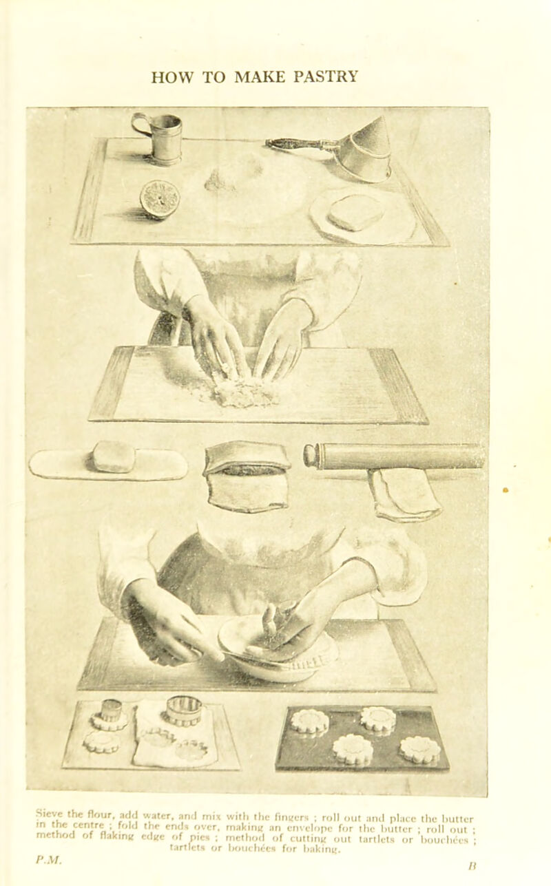 HOW TO MAKE PASTRY Sieve the flour, add water, and mix with the finders ; roll out and place the butter m the centre ; fold the ends over, making an envelope for the butter ; roll out ; method of flaking edge of mes ; method of cutting out tartlets or bourhees ; tartlets or bouchees for baking. P.M.