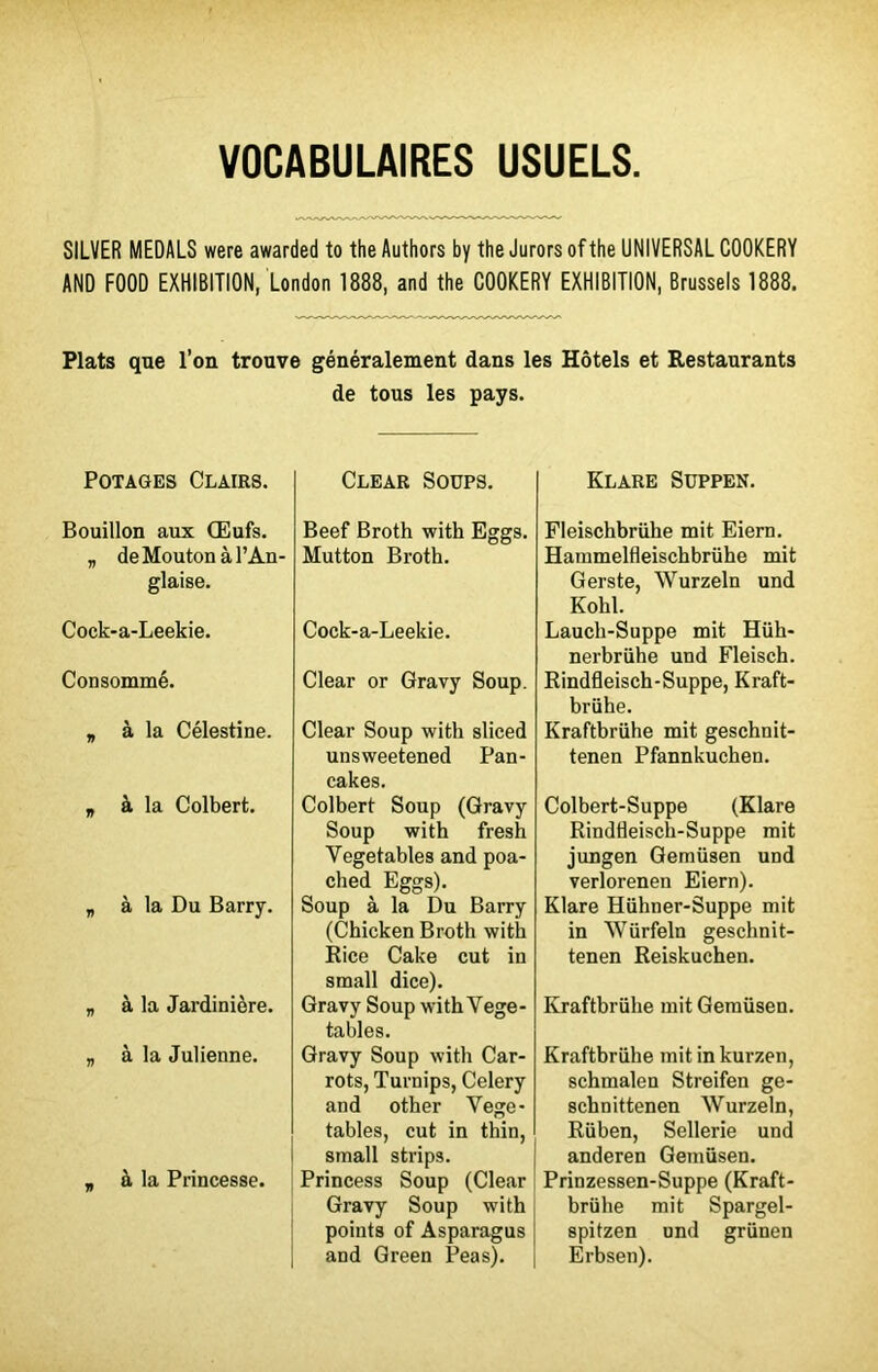 VOCABULAIRES USUELS SILVER MEDALS were awarded to the Authors by the Jurors ofthe UNIVERSAL COOKERY AND FOOD EXHIBITION, London 1888, and the COOKERY EXHIBITION, Brussels 1888. Plats que l’on trouve généralement dans les Hôtels et Restaurants de tous les pays. Potages Clairs. Bouillon aux Œufs. „ de Mouton à l’An- glaise. Cock-a-Leekie. Consommé. „ à la Célestine. p à la Colbert. „ à la Du Barry. „ à la Jardinière. „ à la Julienne. - à la Princesse. CLEAR SOUPS. Beef Broth with Eggs. Mutton Broth. Cock-a-Leekie. Clear or Gravy Soup. Clear Soup with sliced unsweetened Pan- cakes. Colbert Soup (Gravy Soup with fresh Yegetables and poa- ched Eggs). Soup à la Du Barry (Chicken Broth with Rice Cake eut in small dice). Gravy Soup with Yege- tahles. Gravy Soup with Car- rots, Turnips, Celery and other Vege- tables, eut in thin, small strips. Princess Soup (Clear Gravy Soup with points of Asparagus and Green Peas). Klare SüPPEN. Fleischbriihe mit Eiern. Hammelfleischbrühe mit Gerste, Wurzeln und Kohl. Lauch-Suppe mit Hüh- nerbrühe und Fleisch. Rindfleisch-Suppe, Kraft- brühe. Kraftbrühe mit geschnit- tenen Pfannkuchen. Colbert-Suppe (Klare RindHeisch-Suppe mit jungen Gemüsen und verlorenen Eiern). Klare Hiihner-Suppe mit in Würfeln geschnit- tenen Reiskuchen. Kraftbrühe mit Gemüsen. Kraftbrühe mit in kurzen, schmalen Streifen ge- schnittenen Wurzeln, Rüben, Sellerie und anderen Gemüsen. Prinzessen-Suppe (Kraft- brühe mit Spargel- spitzen und grünen Erbsen).