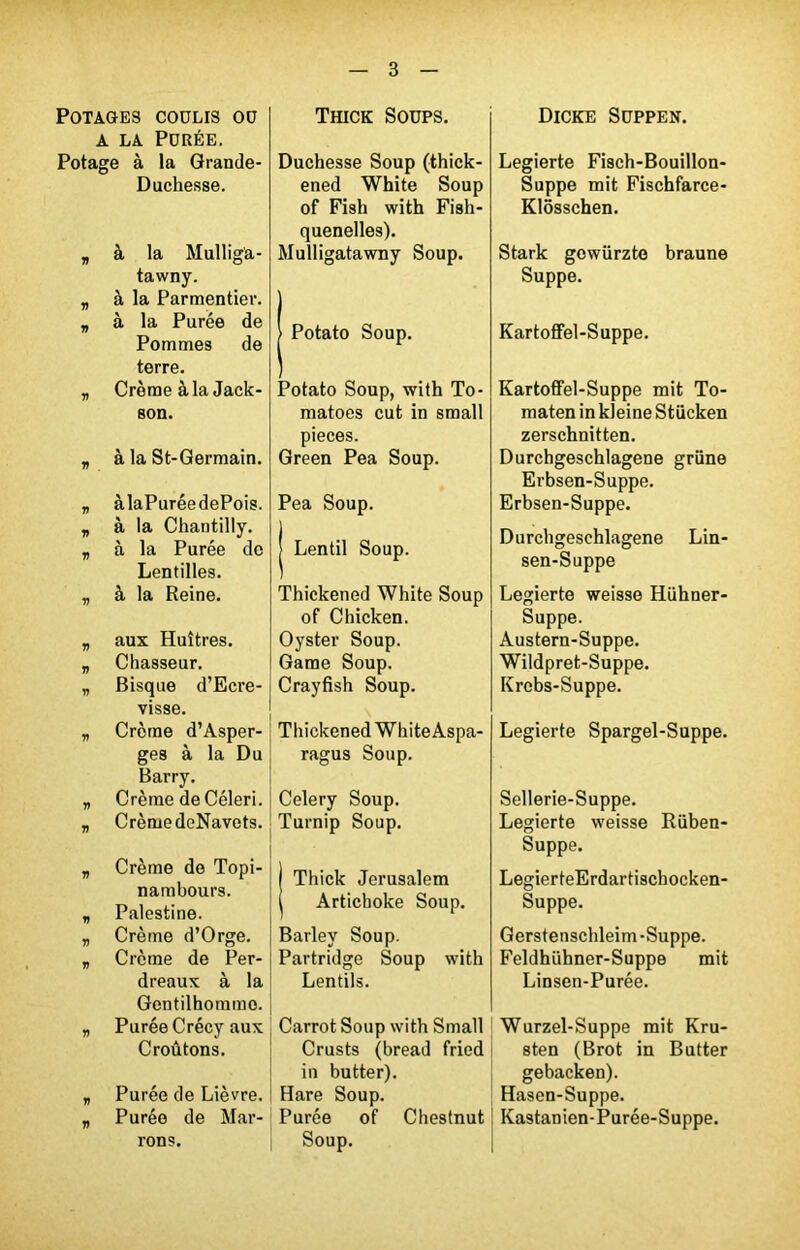 Potages coulis ou a la Purée. Potage à la Grande- Duchesse. t à la Mullig'a- tawny. „ à la Parmentier. „ à la Purée de Pommes de terre. „ Crème à la Jack- son. „ à la St-Germain. „ àlaPuréedePois. „ à la Chantilly. „ à la Purée de Lentilles. „ à la Reine. „ aux Huîtres. „ Chasseur. „ Bisque d’Ecre- visse. „ Crème d’Asper- ges à la Du Barry. „ Crème de Céleri. „ Crème deNavets. „ Crème do Topi- nambours. „ Palestine. „ Crème d’Orge. „ Crème de Per- dreaux à la Gentilhomme. „ Purée Crécy aux Croûtons. „ Purée de Lièvre. „ Purée de Mar- Thick Soüps. Duchesse Soup (thick- ened White Soup of Fish with Fish- quenelles). Mulligatawny Soup. > Potato Soup. Potato Soup, with To- matoes eut in small pièces. Green Pea Soup. Pea Soup. | Lentil Soup. Thickened White Soup of Chicken. Oyster Soup. Game Soup. Crayfish Soup. Thickened White Aspa- ragus Soup. Celery Soup. Turnip Soup. j Thick Jérusalem Artichoke Soup. Barley Soup. Partridge Soup with Lentils. Carrot Soup with Small Crusts (bread fried in butter). Hare Soup. Purée of Chestnut Soup. DlCKE SüPPEN. Legierte Fisch-Bouillon- Suppe mit Fischfarce- Klôsschen. Stark gowürzte braune Suppe. Kartoflfel-Suppe. Kartoffel-Suppe mit To- maten in kleine Stücken zerschnitten. Durchgeschlagene grüne Erbsen-Suppe. Erbsen-Suppe. Durchgeschlagene Lin- sen-Suppe Legierte weisse Hühner- Suppe. Austern-Suppe. Wildpret-Suppe. Krcbs-Suppe. Legierte Spargel-Suppe. Sellerie-Suppe. Legierte weisse Rüben- Suppe. LegierteErdartischocken- Suppe. Gerstenschleim -Suppe. Feldhühner-Suppe mit Linsen-Purée. Wurzel-Suppe mit Kru- sten (Brot in Butter gebacken). Hasen-Suppe. Kastanien-Purée-Suppe. rons.