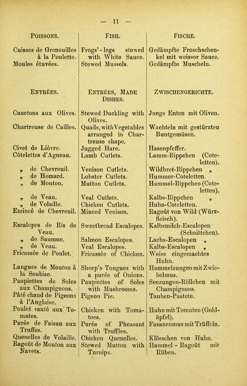 Poissons. Cuisses de Grenouilles à la Poulette. Moules étuvées. Entrées. Canetons aux Olives. Chartreuse de Cailles. Civet de Lièvre. Côtelettes d’Agneau. „ de Chevreuil. „ de Homard. „ de Mouton. „ de Yeau. „ de Volaille. Emincé de Chevreuil. Escalopes de Ris de Veau. „ de Saumon. „ de Veau. Fricassée de Poulfet. Langues de Mouton à la Soubise. Paupiettes de Soles aux Champignons. Pâté chaud de Pigeons à l’Anglaise. Poulet sauté aux' To- mates. Purée de Faisan aux Truffes. Quenelles de Volaille. Ragoût de Mouton aux Navets. Fish. Frogs’ - legs stewed with White Sauce. Stewed Mussels. Entrées, Made Dishes. Stewed Duckling with Olives. Quails, with Vegetables arranged in Char- treuse shape. Jugged Hare. Lamb Cutlets. Venison Cutlets. Lobster Cutlets. Mutton Cutlets. Veal Cutlets. Chicken Cutlets. Minced Venison. Sweetbrcad Escalopes. Salmon Escalopes. Veal Escalopes. Fricassée of Chicken. Sheep’s Tongues with a purée of Onions. Paupiettes of Soles with Mushrooms. Pigeon Pie. Chicken with Toma- toes. Purée of Pheasant with Truffles. Chicken Quenelles. Stewed Mutton with Turnips. Fische. Gedampfte Froschschen- kel mit weisser Sauce. Gedampfte Muscheln. ZWISCHENGERICHTE. Junge Enten mit Oliven. Wacbteln mit gestürzten Buntgemüsen. Ilasenpfeffer. Lamm-Eippchen (Cote- letten). Wildbrct-Rippchen „ Hummer-Coteletten. Hammel-Rippchen (Cote- letten). Kalbs-Rippchen „ Huhn-Coteletten. Ragoût von Wild (Würz- fleisch). Kalbsmilch-Escalopen (Schnittchen). Lachs-Escalopen „ Kalbs-Escalopen „ Weiss eingemachtes Huhn. Hammelzungen mit Z wie- belmus. Seezungen-Rôllchen mit Champignons. Tauben-Pastete. Huhn mit Tomaten (Gold- apfel). Fasanenmus mit Trüffeln. Klosschen von Huhn. Hammel - Ragoût mit Rüben.