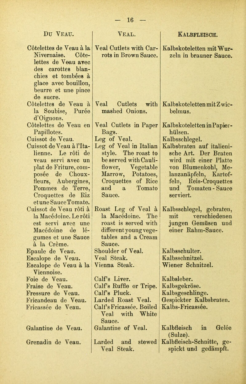 Du Veau. Côtelettes de Veau à la Nivernaise. Côte- lettes de Veau avec des carottes blan- chies et tombées à glace avec bouillon, beurre et une pince de sucre. Côtelettes de Veau à la Soubise, Purée d’Oiguons. Côtelettes de Veau en Papillotes. Cuissot de Veau, Cuissot de Veau à l’Ita- lienne. Le rôti de veau servi avec un plat de Friture, com- posée de Choux- fleurs, Aubergines, Pommes de Terre, Croquettes de Riz etuneSauceTomate. Cuissot de Veau rôti à la Macédoine. Le rôti est servi avec une Macédoine de lé- gumes et une Sauce à la Crème. Epaule de Veau. Escalope de Veau. Escalope de Veau à la Viennoise. Foie de Veau. Fraise de Veau. Fressure de Veau. Fricandeau de Veau. Fricassée de Veau. Galantine de Veau. Grenadin de Veau. Ve al. Veal Cutlets with Car- rots in Brown Sauce. Veal Cutlets with mashed Onions. Veal Cutlets in Paper Bags. Leg of Veal. Leg of Veal in Italian style. The roast to be served with Cauli- flower, Vegetable Marrow, Potatoes, Croquettes of Rice and a Tomato Sauce. Roast Leg of Veal à la Macédoine. The roast is served with different youngvege- tables and a Cream Sauce. Shoulder of Veal. Veal Steak. Vienna Steak. Calf’s Liver. Calfs Ruffle or Tripe. Calfs Pluck. Larded Roast Veal. Calfs Fricassée. Boiled Veal with White Sauce. Galantine of Veal. Larded and stewed Veal Steak. Kalbfleisch. Kalbskoteletten mitWur- zeln in brauner Sauce. Kalbskoteletten mit Z wie- belmus. Kalbskoteletten inPapier- hülsen. Kalbsschlegel. Kalbsbraten auf italieni- sche Art. Der Braten wird mit einer Platte von Blumenkohl, Me- lanzanâpfeln, Kartof- feln, Reis-Croquettes und Tomaten - Sauce serviert. Kalbsschlegel, gebraten, mit verschiedenen jungen Gemüsen und einer Rahm-Sauce. Kalbsschulter. Kalbsschnitzel. , Wiener Schnitzel. Kalbsleber. Kalbsgekrôse. Kalbsgeschlinge. Gespickter Kalbsbraten. Kalbs-Fricassée. Kalbfleisch in Gelée (Sulze). Kalbfleisch-Schnitte, ge- spickt und gedampft.