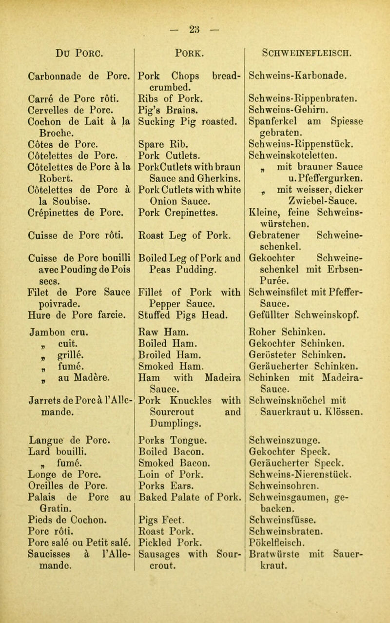 2H Du Porc. Carbonnade de Porc. Carré de Porc rôti. Cervelles de Porc. Cochon de Lait à la Broche. Côtes de Porc. Côtelettes do Porc. Côtelettes de Porc à la Robert. Côtelettes de Porc à la Soubise. Crépinettes de Porc. Cuisse de Porc rôti. Cuisse de Porc bouilli avec Pouding de Pois secs. Filet de Porc Sauce poivrade. Hure de Porc farcie. Jambon cru. „ cuit. » grillé. „ fumé. „ au Madère. Jarrets de Porc à l’Alle- mande. Langue de Porc. Lard bouilli. „ fumé. Longe de Porc. Oreilles de Porc. Palais de Porc au Gratin. Pieds do Cochon. Porc rôti. Porc salé ou Petit salé. Saucisses à l’Alle- mande. PORK. Pork Chops bread- crumbed. Ribs of Pork. Pig’s Brains. Sucking Pig roasted. Spare Rib. Pork Cutlets. PorkCutlets with braun Sauce and Gherkins. Pork Cutlets with white Onion Sauce. Pork Crepinettes. Roast Leg of Pork. Boiled Leg of Pork and Peas Pudding. Fillet of Pork with Pepper Sauce. Stuffed Pigs Head. Raw Ham. Boiled Ham. Broiled Ham. Smoked Ham. Ham with Madeira Sauce. Pork Knuckles with Sourcrout and Dumplings. Porks Tongue. Boiled Bacon. Smoked Bacon. Loin of Pork. Porks Ears. Baked Palate of Pork. Pigs Feet. Roast Pork. Pickled Pork. Sausages with Sour- crout. SCHWELNEFLEISCH. Schweins-Karbonade. Scbweins-Rippenbraten. Schweins-Gehirn. Spanferkel am Spiesse gebraten. Schweins-Rippenstück. Schweinskoteletten. „ mit brauner Sauce u.Pfeffergurken. „ mit weisser, dicker Zwiebel-Sauce. Kleine, feine Schweins- würstehen. Gebratener Schweine- schenkel. Gekochter Schweine- schenkel mit Erbsen- Purée. Schweinsfilet mit Pfeffer- Sauce. Gefüllter Schw’einskopf. Roher Schinken. Gekochter Schinken. Gerüsteter Schinken. Geraucherter Schinken. Schinken mit Madeira- Sauce. Schweinsknôchel mit Sauerkraut u. Klôssen. Schweinszunge. Gekochter Speck. Geraucherter Speck. Schweins-Nierenstück. Schweinsohren. Schweinsgaumen, ge- backen. Schweinsfüsse. Schweinsbraten. Pôkelfleisch. Bratwürste mit Sauer- kraut.
