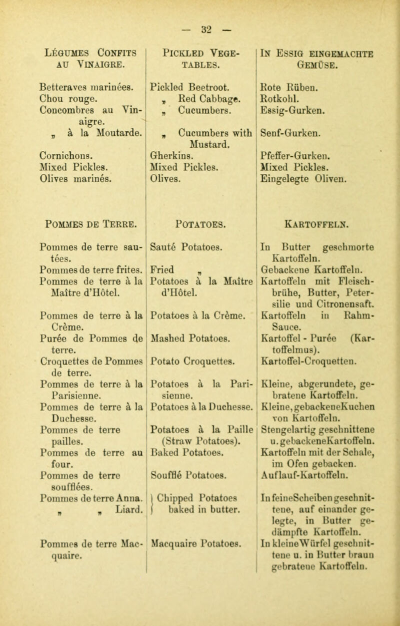Légumes Confits au Vinaigre. Betteraves mariuées. Chou rouge. Concombres au Vin- aigre. „ à la Moutarde. Cornichons. Mixed Pickles. Olives marinés. Pommes de Terre. Pommes de terre sau- tées. Pommes de terre frites. Pommes de terre à la Maître d’Hôtel. Pommes de terre à la Crème. Purée de Pommes de terre. Croquettes de Pommes de terre. Pommes de terre à la Parisienne. Pommes do terre à la Duchesse. Pommes de terre pailles. Pommes de terro au four. Pommes de terre soufflées. Pommes de terre Anna. i * Iâwd. Pommes de terre Mac- quaire. PlCKLED VEGE- TABLES. Pickled Beetroot. , Red Cabbage. „ Cucumbers. n Cucumbers with Mustard. Gherkins. Mixed Pickles. Olives. POTATOES. Sauté Potatoes. Fried „ Potatoes à la Maître d’Hôtel. Potatoes à la Crème. Mashed Potatoes. Potato Croquettes. Potatoes à la Pari- sienne. Potatoes à la Duchesse. Potatoes à la Paille (Straw Potatoes). Baked Potatoes. Soufflé Potatoes. I Chipped Potatoes I baked in butter. Macquaire Potatoes. In Essig eingemacrte Gemüse. Rote Ruben. Rotkohl. Essig-Gurken. Senf-Gurkcn. Pfeffer-Gurken. Mixed Pickles. Eingelegte Oliven. Kartoffeln. In Butter gesehmorte Kartoffeln. Gebackene Kartoffeln. Kartoffeln mit Fleisch- brühe, Butter, Peter- silie uud Citronensaft. Kartoffeln in Rabin- Sauce. Kartoffel - Purée (Kar- toffelmus). Kartoffel-Croquetten. Kleine, abgerundete, ge- bratene Kartoffeln. Kleine, gebackeneKuchen von Kartoffeln. Stengelartig geschnittene u. gebackeneKartoffeln. Kartoflfeln mit derSchale, im Ofen gebacken. Auflauf-Kartoffeln. InfeineScheibengeschnit- teue, auf einander ge- legte, in Butter ge- dampfte Kartoffeln. In kleine Wiirfel gesclmit- Itene u. in Butter braun gebrateue Kartoffeln.