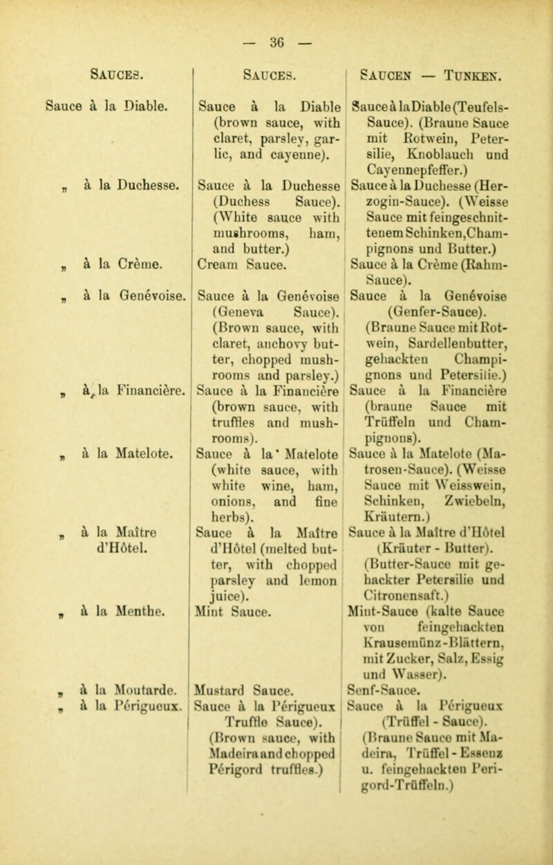 Sauces. Sauce à la Diable. à la Duchesse. à la Crème, à la Genevoise. à, la Financière. à la Matelote. à la Maître d’Hôtel. à la Menthe. Sauces. Sauce à la Diable (brown sauce, with claret, parsley, gar- lic, and cayenne). Sauce à la Duchesse (Duchess Sauce). (White sauce with musbrooms, ham, and butter.) Cream Sauce. Sauce à la Genévoise (Geneva Sauce). (Brown sauce, with claret, anchovy but- ter, chopped mush- rooms and parsley.) Sauce à la Financière (brown sauce, with truffles and mush- room8). Sauce à la* Matelote (white sauce, with white wine, ham, onions, and fine herbs). Sauce à la Maître d’Hôtel (melted but- ter, with chopped parsley and lemon juice). Mint Sauce. à la Moutarde. Muatard Sauce, à la Périguoux. Sauce à la Périgueux TrufHo Sauce). (Brown sauce, with Madeiraand chopped Périgord truffles.) SAUCEN — Tunken. Sauce à la Diable (Teufels- Sauce). (Brauue Sauce mit JRotwein, Peter- silie, Knobluuch und Cavennepfeffer.) Sauce à la Duchesse (Her- zogiu-Sauce). (W'eisse Sauce mit feingeschnit- tenem Schinkon, Cham- pignons und Butter.) Sauce à la Crème (Rahm- Sauce). Sauce à la Genévoise (Genfer-Sauce). (Braune Sauce mit Rot- wein, Sardellenbutter, gehackten Champi- gnons und Petersilie.) Sauce à la Financière (braune Sauce mit Trüffeln und Cham- pignons). Sauce à la Matelote (Ma- trosen-Sauce). (Weisse Sauce mit Weisswein, Schinken, Zwiebeln, Kràutem.) Sauce à la Maître d’Hôtel (Krâuter - Butter). (Butter-Sauco mit ge- hackter Petersilie und Citronensaft.) Mint-Sauce (kalte Sauce von feingehackteu Krausemünz -Blattern, mit Zucker, Salz, Essig und Wasser). Senf-Sauce. Sauce à la Périgueux (Trüffel - Sauce). (Braune Sauce mit Ma- deira, Trüffel - Esseuz u. feingehackten Peri- gord-Trüffeln.)