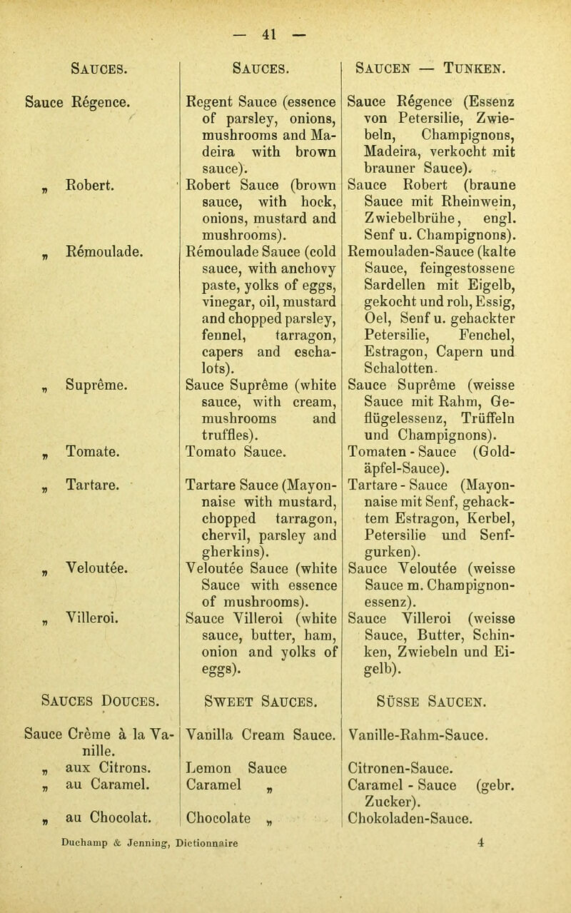 Sauces. Sauce Régence. „ Robert. „ Rémoulade. „ Suprême. „ Tomate. „ Tartare. „ Veloutée. „ Villeroi. Sauces Douces. Sauce Crème à la Va- nille. „ aux Citrons. „ au Caramel. „ au Chocolat. Sauces. Regent Sauce (essence of parsley, onions, mushrooms and Ma- deira with brown sauce). Robert Sauce (brown sauce, with hock, onions, mustard and mushrooms). Rémoulade Sauce (cold sauce, with anchovy paste, yolks of eggs, vinegar, oil, mustard and chopped parsley, fennel, tarragon, capers and escha- lots). Sauce Suprême (white sauce, with cream, mushrooms and truffles). Tomato Sauce. Tartare Sauce (Mayon- naise with mustard, chopped tarragon, chervil, parsley and gherkins). Veloutée Sauce (white Sauce with essence of mushrooms). Sauce Villeroi (white sauce, butter, bam, onion and yolks of eggs). Sweet Sauces. Vanilla Cream Sauce. Lemon Sauce Caramel v Chocolaté „ Saucen — Tunken. Sauce Régence (Essenz von Petersilie, Zwie- beln, Champignons, Madeira, verkocht mit brauner Sauce). Sauce Robert (braune Sauce mit Rheinwein, Zwiebelbrühe, engl. Senf u. Champignons). Remouladen-Sauce (kalte Sauce, feingestossene Sardellen mit Eigelb, gekocht und roh, Essig, Oel, Senf u. gehackter Petersilie, Fenchel, Estragon, Capern und Schalotten. Sauce Suprême (weisse Sauce mit Rahm, Ge- flügelessenz, Trüffeln und Champignons). Tomaten - Sauce (Gold- âpfel-Sauce). Tartare - Sauce (Mayon- naise mit Senf, gehack- tem Estragon, Kerbel, Petersilie und Senf- gurken). Sauce Veloutée (weisse Sauce m. Champignon- essenz). Sauce Villeroi (weisse Sauce, Butter, Schin- ken, Zwiebeln und Ei- gelb). Süsse Saucen. Vanille-Rahm-Sauce. Citronen-Sauce. Caramel - Sauce (gebr. Zucker). Chokoladen-Sauce. Duchamp & Jenning-, Dictionnaire 4