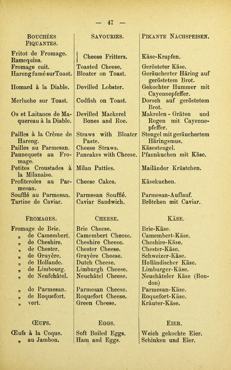 Bouchées Piquantes. Fritot de Fromage. Ramequins. Fromage cuit. HareDg fumé surToast. Homard à la Diable. Merluche sur Toast. Os et Laitance de Ma- quereau à la Diable. Pailles à la Crème de Hareng. Pailles au Parmesan. Pannequets au Fro- mage. Petites Croustades à la Milanaise. Profiteroles au Par- mesan. Soufflé au Parmesan. Tartine de Caviar. Fromages. Fromage de Brie. V de Camembert. J) de Cheshire. J1 de Chester. V de Gruyère. V de Hollande. V de Limbourg. V do Neufchâtel. 1) de Parmesan. V de Roquefort. V vert. Œufs. Œufs à la Coque. „ au Jambon. Sayouries. | Cheese Fritters. Toasted Cheese. Bloater on Toast. Devilled Lobster. Codfish on Toast. Devilled Mackerel Bones and Roe. Straws with Bloater Paste. Cheese Straws. Pancakes with Cheese. Milan Patties. Cheese Cakes. Parmesan Soufflé. Caviar Sandwich. Cheese. Brie Cheese. Camembert Cheese. Cheshire Cheese. Chester Cheese. Gruyère Cheese. Dutch Cheese. Limburgh Cheese. Neuchâtel Cheese. Parmesan Cheese. Roquefort Cheese. Green Cheese. Eggs. Soft Boiled Eggs. Ham and Eggs. PlKANTE NACHSPEISEN. Kâse-Krapfen. Gerôsteter Kâse. Gerâucherter Hâring auf gerôstetem Brot. Gekochter Hummer mit Cayennepfeffer. Dorsch auf gerôstetem Brot. Makrelen - Grâten und Rogen mit Cayenne- pfeffer. Stengel mit gerâuchertem Hâringsmus. Kâsestengel. Pfannkuchen mit Kâse. Mailander Krüstchen. Kâsekuchen. Parmesan-Auflauf. Brôtchen mit Caviar. KlSE. Brie-Kâse. Camembert-Kâse. Cheshire-Kase. Chester-Kâse. Schweizer-Kâse. Hollândischer Kâse. Limburger-Kâ8e. Neuchâteler Kâse (Bon- don) Parmesan-Kâse. Roquefort-Kâse. Krâuter-Kâse. ElER. Weich gekochte Eier. Schinken und Eier.