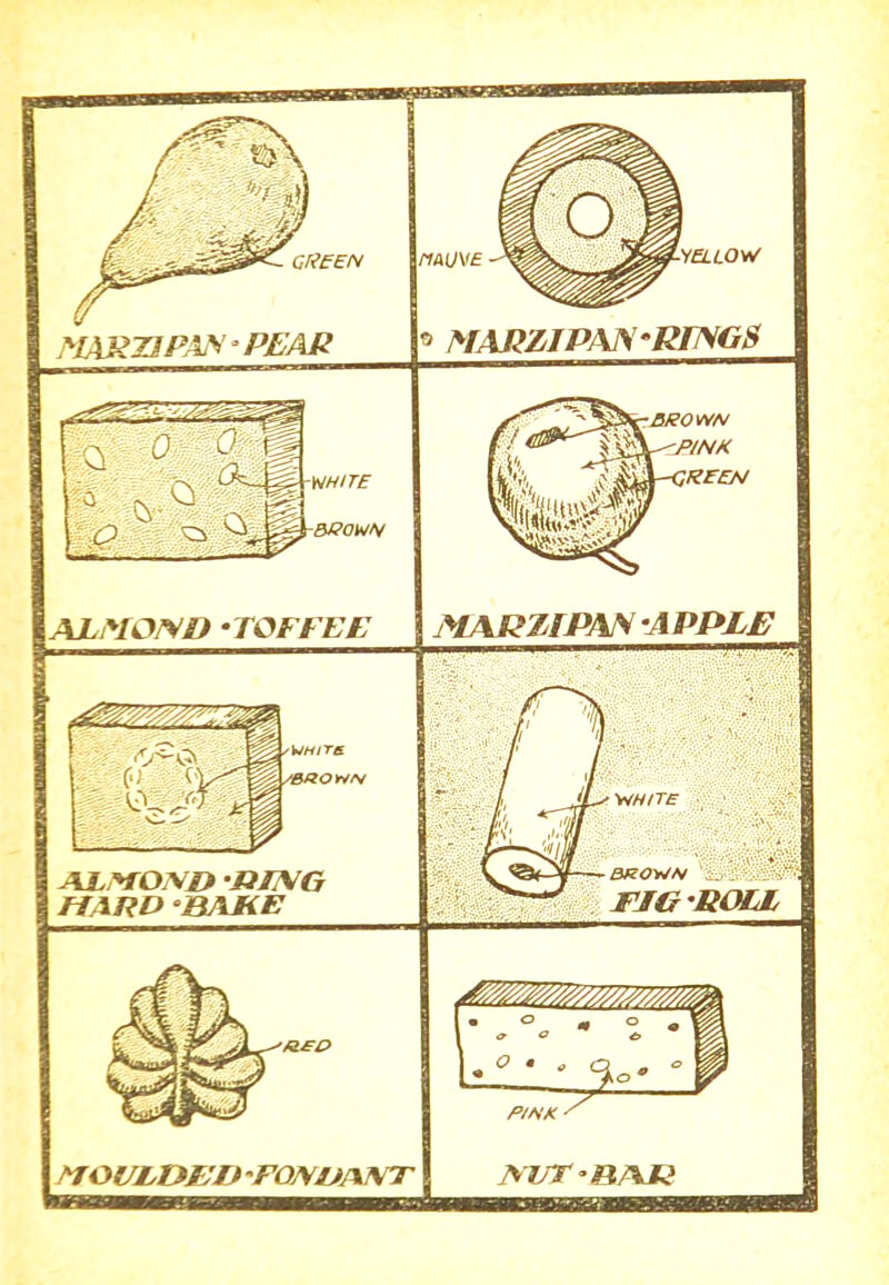 riA[)\<E ■m/TE -affowN ^/BfZO)riN 'V^HITE cr<EEN ]^IARZIPA>I PEAR AL/VOA'/? ‘TOFFEE ® MARZIPAN •RINGS 3R0WN PINK KEEN MARZIPAN -APPLE \ AE!>rOND -JUNG \ MARD -BAJCE ^3RO>/N .< ^ . EJG-ROLl MOULUEI}'FONiJI\Nr P/NK Nirr-PAR.