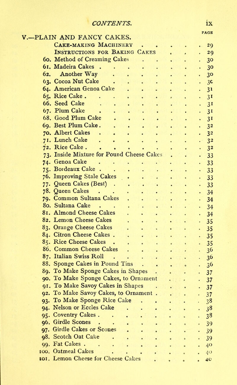 PAGB V.—PLAIN AND FANCY CAKES. Cake-making Machinery 29 Instructions for Baking Cakes . , .29 60. Method of Creaming Cakes 30 61. Madeira Cakes 30 62. Another Way 30 63. Cocoa Nut Cake ....... 3c 64. American Genoa Cake 31 65. Rice Cake . .31 66. Seed Cake 31 67. Plum Cake . 31 68. Good Plum Cake 31 69. Best Plum Cake 32 70. Albert Cakes 32 71. Lunch Cake 32 72. Rice Cake 32 73. Inside Mixture for Pound Cheese Cakes . . -33 74. Genoa Cake 33 75. Bordeaux Cake ........ 33 76. Improving Stale Cakes 33 77. Queen Cakes (Best) 33 78. Queen Cakes 34 79. Common Sultana Cakes ...... 34 80. Sultana Cake ........ 34 81. Almond Cheese Cakes 34 82. Lemon Cheese Cakes . . , . . -35 83. Orange Cheese Cakes ...... 35 84. Citron Cheese Cakes -35 85. Rice Cheese Cakes . . . . . s . 35 86. Common Cheese Cakes ...... 36 87. Italian Swiss Roll ....... 36 88. Sponge Cakes in Pound Tins . . . a -36 89. To Make Sponge Cakes in Shapes . . , -37 90. To Make Sponge Cakes, to Ornament . . -37 91. To Make Savoy Cakes in Shapes . . . -37 92. To Make Savoy Cakes, to Ornament . . . -37 93. To Make Sponge Rice Cake 38 94. Nelson or Eccles Cake *38 95. Coventry Cakes .38 96. Girdle Scones . . 39 97. Girdle Cakes or Scones 39 98. Scotch Oat Cake . 39 99. Fat Cakes . 40 100. Oatmeal Cakes 40 101. Lemon Cheese for Cheese Cakes . . , .40