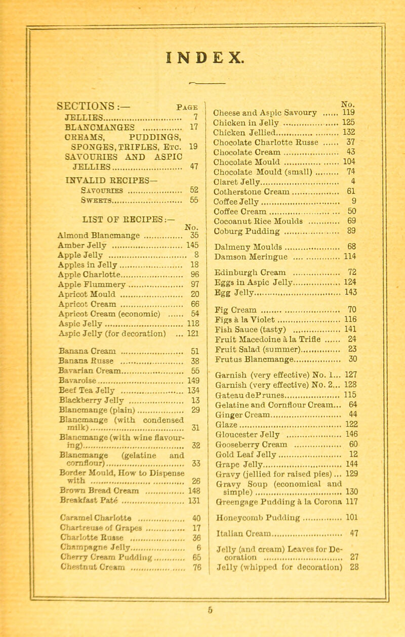 INDEX SECTIONSPAGE JELLIES 7 BLAUCHAUGES 17 CREAMS, PUDDINGS, SPONGES, TRIFLES, Etc. 19 SAVOURIES AND ASPIC JELLIES 47 INVALID RECIPES— Satoubies 52 Sweets 55 LIST OF RECIPES No. Almond Blancmange 35 Amber Jelly 145 Apple Jelly 8 Apples in Jelly 18 Apple Charlotte 96 Apple Flummery 97 Apricot Mould 20 Apricot Cream 66 Apricot Cream (economic) 54 Aspic Jelly 118 Aspic Jelly (for decoration) ... 121 Banana Cream 51 Banana Russe 38 Bavarian Cream 55 Bavaroise 149 Beef Tea Jelly 134 Blackberry Jelly 13 Blancmange (plain) 29 Blancmange (with condensed milk) 31 Blancmange (with wine flavour- ing) 32 Blancmange (gelatine and cornflour) 33 Border Mould, How to Dispense with 26 Brown Bread Cream 148 Breakfast Pate 131 Caramel Charlotte 40 Chartreuse of Grapes 17 Charlotte Russe 36 Champagne Jelly 6 Cherry Cream Pudding 65 Chestnut Cream 76 No. Cheese and Aspic Savoury 119 Chicken in Jelly 125 Chicken Jellied.. 132 Chocolate Charlotte Russe 37 Chocolate Cream 43 Chocolate Mould 104 Chocolate Mould (small) 74 Claret Jelly 4 Cotherstone Cream 61 Coffee Jelly 9 Coffee Cream 50 Cocoanut Rice Moulds 69 Coburg Pudding 89 Dalmeny Moulds 68 Damson Meringue 114 Edinburgh Cream 72 Eggs in Aspic Jelly 124 Egg Jelly 143 Fig Cream 70 Figs a la Violet 116 Fish Sauce (tasty) 141 Fruit Macedoine i la Trifle 24 Fruit Salad (summer)... 23 Frutus Blancmange 30 Garnish (very effective) No. 1... 127 Garnish (very effective) No. 2... 128 Gateau deP runes 115 Gelatine and Cornflour Cream... 64 Ginger Cream 44 Glaze 122 Gloucester Jelly 146 Gooseberry Cream 60 Gold Leaf Jelly 12 Grape Jelly 144 Gravy (jellied for raised pies)... 129 Gravy Soup (economical and simple) 130 Greengage Pudding il la Corona 117 Honeycomb Pudding 101 Italian Cream 47 Jelly (and cream) Leaves tor De- coration 27 Jelly (whipped for decoration) 28