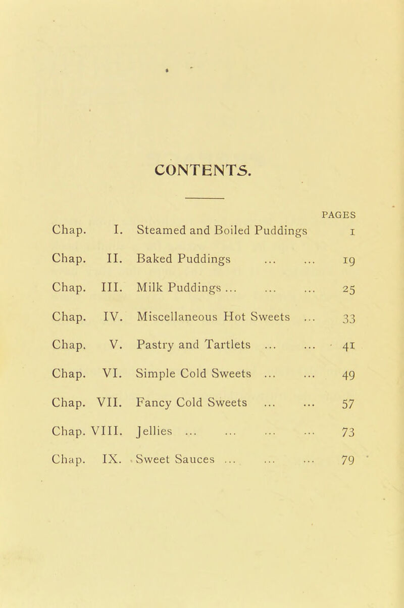 CONTENTS. Chap. I. Steamed and Boiled Puddings PAGES I Chap. II. Baked Puddings 19 Chap. III. Milk Puddings ... 25 Chap. IV. Miscellaneous Hot Sweets 33 Chap. V. Pastry and Tartlets 4i Chap. VI. Simple Cold Sweets ... 49 Chap. VII. Fancy Cold Sweets 57 Chap. VIII. Jellies ... 73 Chap. IX. Sweet Sauces ... 79