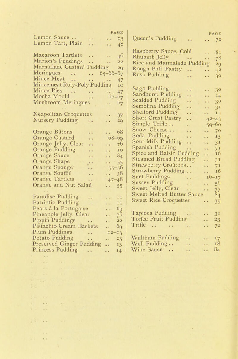 PAGE .. 83 Lemon Tart, Plain .. .. 48 Macaroon Tartlets .. 46 Marion’s Puddings .. .. 22 Marmalade Custard Pudding 2g Meringues .. .. 65-66-67 Mince Meat .. • ■ 47 Mincemeat Roly-Poly Pudding 10 Mince Pies • • 47 Mocha Mould 66-67 Mushroom Meringues .. 67 Neapolitan Croquettes •• 37 Nursery Pudding .. 2g Orange Batons .. 68 Orange Custard 68-69 Orange Jelly, Clear .. .. 76 Orange Pudding .. 10 Orange Sauce .. 84 Orange Shape •• 55 Orange Sponge 55-56 Orange Souffle • • 38 Orange Tartlets 47-48 Orange and Nut Salad •• 55 Paradise Pudding 11 Patriotic Pudding .. 11 Pears a la Portugaise .. 69 Pineapple Jelly, Clear .. 76 Pippin Puddings .. 22 Pistachio Cream Baskets .. 69 Plum Puddings 12-13 Potato Pudding • • 23 Preserved Ginger Pudding 13 Princess Pudding .. 14 Queen’s Pudding PAGE • 7° Raspberry Sauce, Cold .. 81 Rhubarb Jelly .. .. 78 Rice and Marmalade Pudding 29 Rough Puff Pastry . Rusk Pudding Sago Pudding Sandhurst Pudding . Scalded Pudding Semolina Pudding Shelford Pudding Short Crust Pastry . Simple Trifle .. Snow Cheese .. Soda Pudding Sour Milk Pudding . Spanish Pudding Spice and Raisin Pudding .. 16 Steamed Bread Pudding .. 31 Strawberry Croutons.. .. 71 Strawberry Pudding .. .. 16 Suet Puddings .. 16-17 Sussex Pudding .. .. 56 Sweet Jelly, Clear .. .. 77 Sweet Melted Butter Sauce 84 Sweet Rice Croquettes .. 3g Tapioca Pudding .. .. 31 Toffee Fruit Pudding .. 23 Trifle .. .. .. .. 72 Waltham Pudding .. .. 17 Well Pudding .. .. .. 18 Wine Sauce .. .. ..84 .. 42 • • 3° •• 30 .. 14 .. 30 •• 3i •• 15 42-43 59-60 • 70 • IS • 3i • 71
