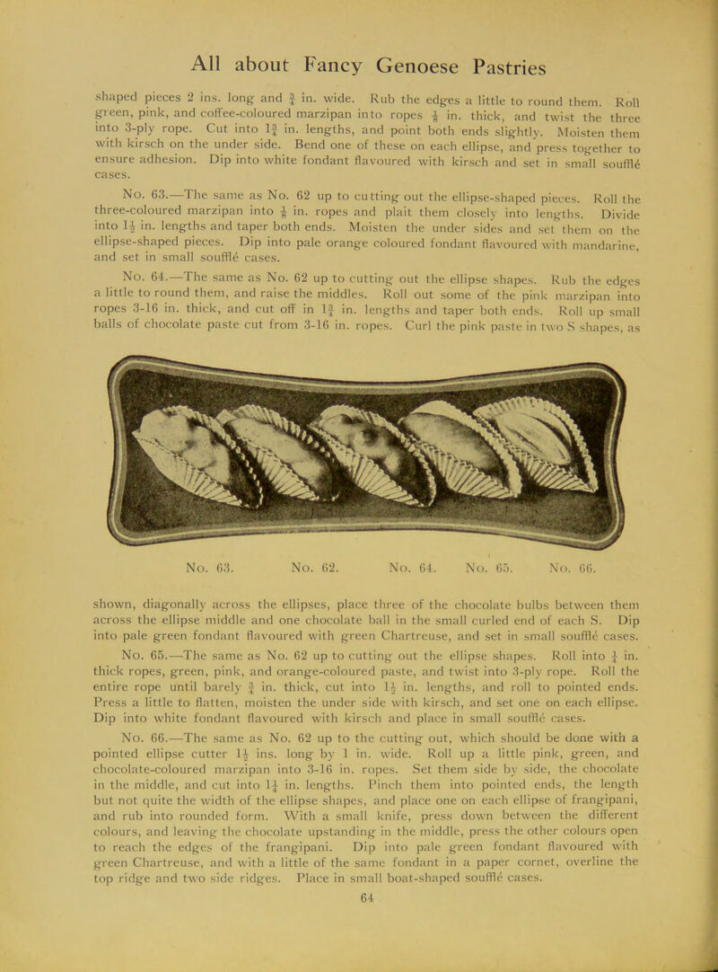 shaped pieces 2 ins. long and J in. wide. Rub the edges a little to round them. Roll green, pink, and coffee-coloured marzipan into ropes £ in. thick, and twist the three into 3-ply rope. Cut into If in. lengths, and point both ends slightly. Moisten them with kirsch on the under side. Bend one of these on each ellipse, and press together to ensure adhesion. Dip into white fondant flavoured with kirsch and set in small souffld cases. No. G3.—The same as No. 62 up to cutting out the ellipse-shaped pieces. Roll the three-coloured marzipan into f in. ropes and plait them closely into lengths. Divide into 14 in. lengths and taper both ends. Moisten the under sides and set them on the ellipse-shaped pieces. Dip into pale orange coloured fondant flavoured with mandarine, and set in small souffle cases. No. 64.—The same as No. 62 up to cutting out the ellipse shapes. Rub the edges a little to round them, and raise the middles. Roll out some of the pink marzipan into ropes 3-16 in. thick, and cut off in If in. lengths and taper both ends. Roll up small balls of chocolate paste cut from 3-16 in. ropes. Curl the pink paste in two S shapes, as No. 63. No. 62. No. 64. No. 65. No. 66. shown, diagonally across the ellipses, place three of the chocolate bulbs between them across the ellipse middle and one chocolate ball in the small curled end of each S. Dip into pale green fondant flavoured with green Chartreuse, and set in small souffle cases. No. 65.—The same as No. 62 up to cutting out the ellipse shapes. Roll into f in. thick ropes, green, pink, and orange-coloured paste, and twist into 3-ply rope. Roll the entire rope until barely f in. thick, cut into 14 in. lengths, and roll to pointed ends. Press a little to flatten, moisten the under side with kirsch, and set one on each ellipse. Dip into white fondant flavoured with kirsch and place in small souffle cases. No. 66.—The same as No. 62 up to the cutting out, which should be done with a pointed ellipse cutter 14 ins. long by 1 in. wide. Roll up a little pink, green, and chocolate-coloured marzipan into 3-16 in. ropes. Set them side by side, the chocolate in the middle, and cut into If in. lengths. Pinch them into pointed ends, the length but not quite the width of the ellipse shapes, and place one on each ellipse of frangipani, and rub into rounded form. With a small knife, press down between the different colours, and leaving the chocolate upstanding in the middle, press the other colours open to reach the edges of the frangipani. Dip into pale green fondant flavoured with green Chartreuse, and with a little of the same fondant in a paper cornet, overline the top ridge and two side ridges. Place in small boat-shaped souffle cases.