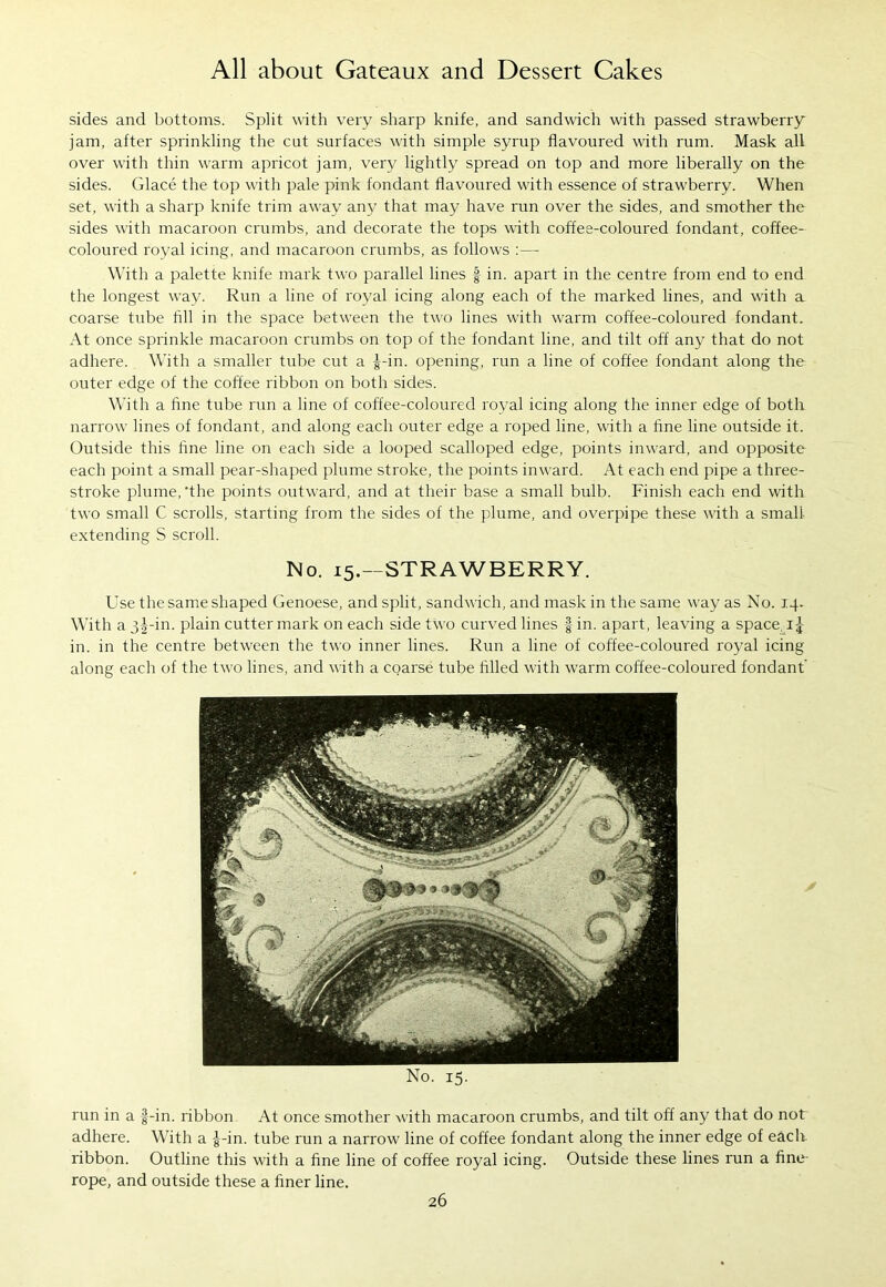 sides and bottoms. Split with very sharp knife, and sandwich with passed strawberry jam, after sprinkling the cut surfaces with simple syrup flavoured with rum. Mask all over with thin warm apricot jam, very lightly spread on top and more liberally on the sides. Glace the top with pale pink fondant flavoured with essence of strawberry. When set, with a sharp knife trim away any that may have run over the sides, and smother the sides with macaroon crumbs, and decorate the tops with coffee-coloured fondant, coffee- coloured royal icing, and macaroon crumbs, as follows :—- With a palette knife mark two parallel lines § in. apart in the centre from end to end the longest way. Run a line of royal icing along each of the marked lines, and with a coarse tube fill in the space between the two lines with warm coffee-coloured fondant. At once sprinkle macaroon crumbs on top of the fondant line, and tilt off any that do not adhere. With a smaller tube cut a |-in. opening, run a line of coffee fondant along the outer edge of the coffee ribbon on both sides. With a fine tube run a line of coffee-coloured royal icing along the inner edge of both narrow lines of fondant, and along each outer edge a roped line, with a fine line outside it. Outside this fine line on each side a looped scalloped edge, points inward, and opposite each point a small pear-shaped plume sti'oke, the points inward. At each end pipe a three- stroke plume,‘the points outward, and at their base a small bulb. Finish each end with two small C scrolls, starting from the sides of the plume, and overpipe these with a small- extending S scroll. No. 15.—STRAWBERRY. Use the same shaped Genoese, and split, sandwich, and mask in the same way as No. 14- With a 33-in. plain cutter mark on each side two curved lines § in. apart, leaving a space, ij in. in the centre between the two inner lines. Run a line of coffee-coloured royal icing along each of the two lines, and with a coarse tube filled with warm coffee-coloured fondant’ No. 15. run in a f-in. ribbon At once smother with macaroon crumbs, and tilt off any that do not adhere. With a |-in. tube run a narrow line of coffee fondant along the inner edge of each ribbon. Outline this with a fine line of coffee royal icing. Outside these lines run a fine- rope, and outside these a finer line.
