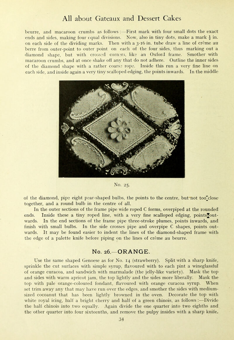 beurre, and macaroon crumbs as follows :—First mark with four small dots the exact ends and sides, making four equal divisions. Now, also in tiny dots, make a mark J in. on each side of the dividing marks. Then with a 3-16 in. tube draw a line of creme au berre from outer-point to outer point on each of the four sides, thus marking out a diamond shape, but with crossed corners, like an Oxford frame. Smother with macaroon crumbs, and at once shake off any that do not adhere. Outline the inner sides of the diamond shape with a rather coarse rope. Inside this run a very fine line on each side, and inside again a very tiny scalloped edging, the points inwards. In the middle No. 25. of the diamond, pipe eight pear-shaped bulbs, the points to the centre, but not too^close together, and a round bulb in the centre of all. In the outer sections of the frame pipe wide roped C forms, overpiped at the rounded ends. Inside these a tiny roped line, with a very fine scalloped edging, pointsjout- wards. In the end sections of the frame pipe three-stroke plumes, points inwards, and finish with small bulbs. In the side crosses pipe and overpipe C shapes, points out- wards. It may be found easier to indent the lines of the diamond-shaped frame with the edge of a palette knife before piping on the lines of creme au beurre. No. 26.—ORANGE. Use the same shaped Genoese as for No. 14 (strawberry). Split with a sharp knife, sprinkle the cut surfaces with simple syrup, flavoured with to each pint a wineglassful of orange curacoa, and sandwich with marmalade (the jelly-like variety). Mask the top and sides with warm apricot jam, the top lightly and the sides more liberally. Mask the top with pale orange-coloured fondant, flavoured with orange curacoa syrup. When set trim away any that may have run over the edges, and smother the sides with medium- sized cocoanut that has been lightly browned in the oven. Decorate the top with white royal icing, half a bright cherry and half of a green chinois, as follows :—Divide the half chinois into two equally. Again divide the one quarter into two eighths and the other quarter into four sixteenths, and remove the pulpy insides with a sharp knife*.