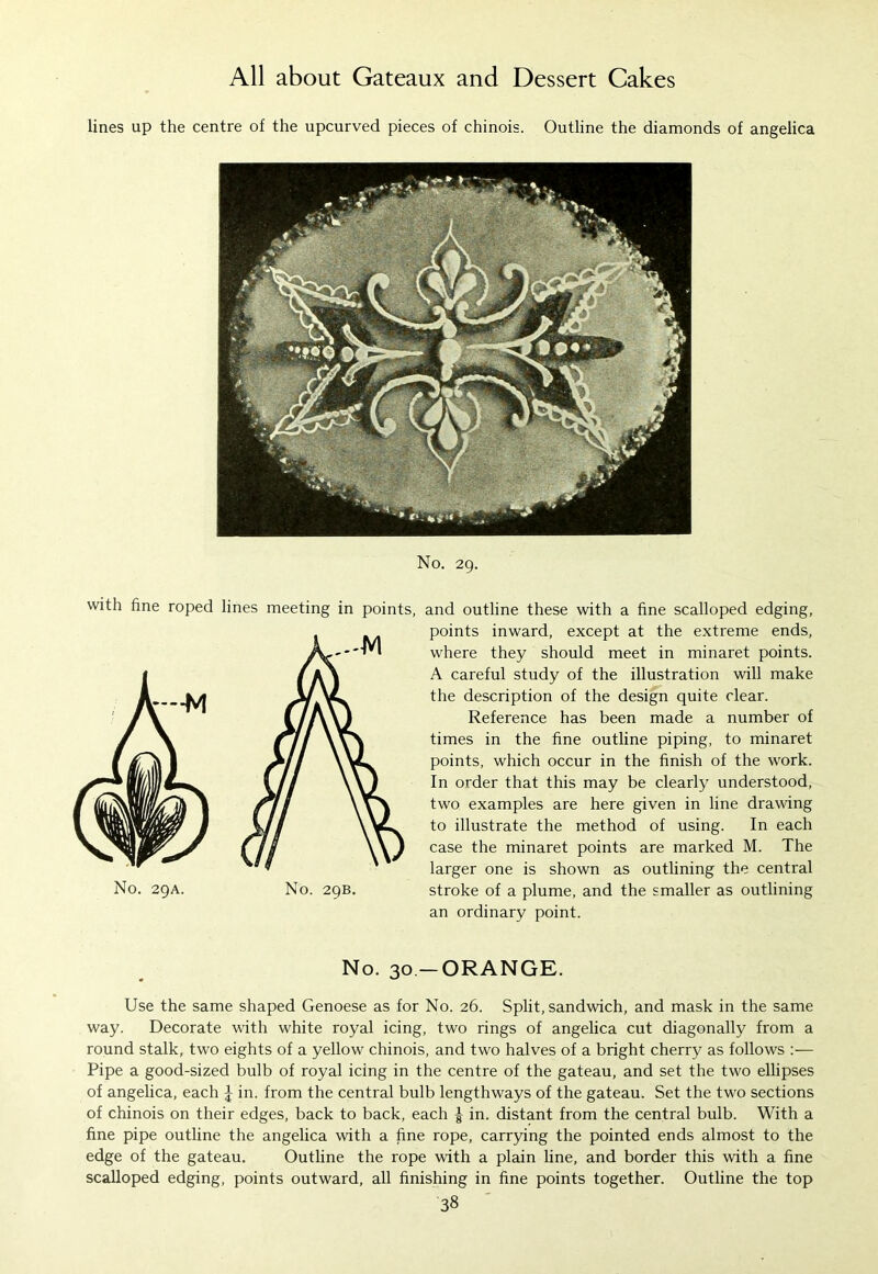 lines up the centre of the upcurved pieces of chinois. Outline the diamonds of angelica No. 29. with fine roped lines meeting in points, and outline these with a fine scalloped edging, points inward, except at the extreme ends, where they should meet in minaret points. A careful study of the illustration will make the description of the design quite clear. Reference has been made a number of times in the fine outline piping, to minaret points, which occur in the finish of the work. In order that this may be clearly understood, two examples are here given in line drawing to illustrate the method of using. In each case the minaret points are marked M. The larger one is shown as outlining the central stroke of a plume, and the smaller as outlining an ordinary point. 29A No. 29B. No. 30 —ORANGE. Use the same shaped Genoese as for No. 26. Split, sandwich, and mask in the same way. Decorate with white royal icing, two rings of angelica cut diagonally from a round stalk, two eights of a yellow chinois, and two halves of a bright cherry as follows :— Pipe a good-sized bulb of royal icing in the centre of the gateau, and set the two ellipses of angelica, each J in. from the central bulb lengthways of the gateau. Set the two sections of chinois on their edges, back to back, each £ in. distant from the central bulb. With a fine pipe outline the angelica with a fine rope, carrying the pointed ends almost to the edge of the gateau. Outline the rope with a plain line, and border this with a fine scalloped edging, points outward, all finishing in fine points together. Outline the top