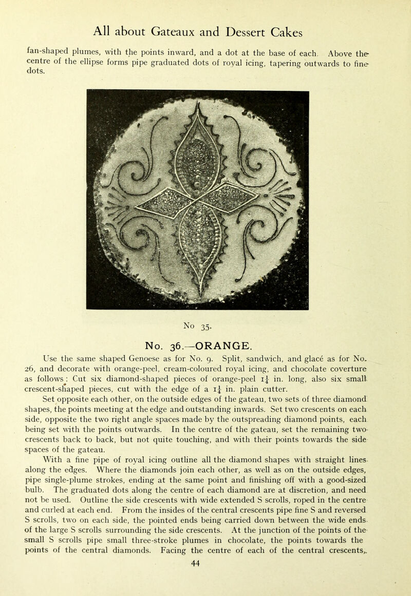fan-shaped plumes, with the points inward, and a dot at the base of each. Above the centre of the ellipse forms pipe graduated dots of royal icing, tapering outwards to fine dots. No 35. No. 36.—ORANGE. Use the same shaped Genoese as for No. 9. Split, sandwich, and glace as for No. 26, and decorate with orange-peel, cream-coloured royal icing, and chocolate coverture as follows : Cut six diamond-shaped pieces of orange-peel ij in. long, also six small crescent-shaped pieces, cut with the edge of a ij in. plain cutter. Set opposite each other, on the outside edges of the gateau, two sets of three diamond shapes, the points meeting at the edge and outstanding inwards. Set two crescents on each side, opposite the two right angle spaces made by the outspreading diamond points, each being set with the points outwards. In the centre of the gateau, set the remaining two crescents back to back, but not quite touching, and with their points towards the side spaces of the gateau. With a fine pipe of royal icing outline all the diamond shapes with straight lines along the edges. Where the diamonds join each other, as well as on the outside edges, pipe single-plume strokes, ending at the same point and finishing off with a good-sized bulb. The graduated dots along the centre of each diamond are at discretion, and need not be used. Outline the side crescents with wide extended S scrolls, roped in the centre and curled at each end. From the insides of the central crescents pipe fine S and reversed S scrolls, two on each side, the pointed ends being carried down between the wide ends, of the large S scrolls surrounding the side crescents. At the junction of the points of the small S scrolls pipe small three-stroke plumes in chocolate, the points towards the points of the central diamonds. Facing the centre of each of the central crescents,.