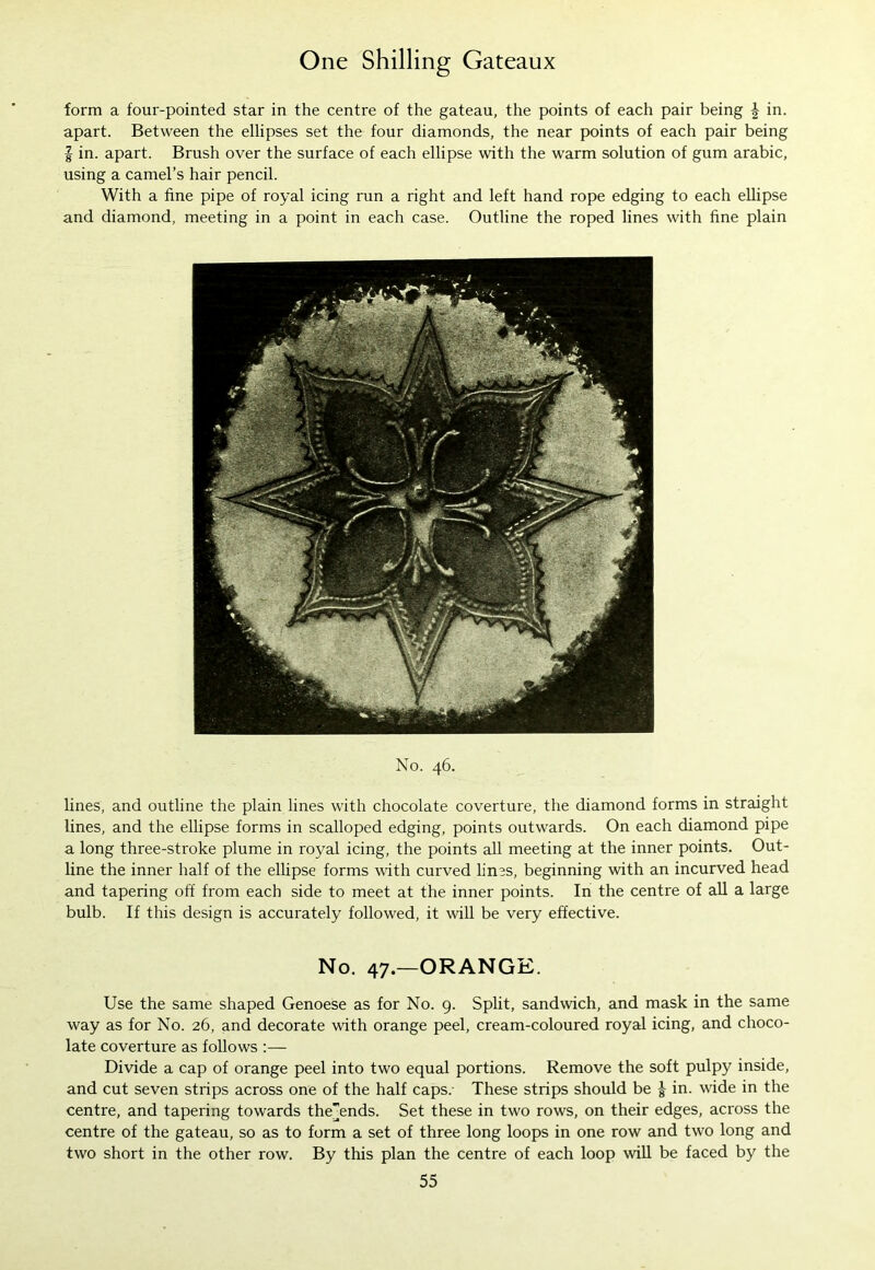 form a four-pointed star in the centre of the gateau, the points of each pair being | in. apart. Between the ellipses set the four diamonds, the near points of each pair being | in. apart. Brush over the surface of each ellipse with the warm solution of gum arabic, using a camel’s hair pencil. With a fine pipe of royal icing run a right and left hand rope edging to each ellipse and diamond, meeting in a point in each case. Outline the roped lines with fine plain No. 46. lines, and outline the plain lines with chocolate coverture, the diamond forms in straight lines, and the ellipse forms in scalloped edging, points outwards. On each diamond pipe a long three-stroke plume in royal icing, the points all meeting at the inner points. Out- line the inner half of the ellipse forms with curved lines, beginning with an incurved head and tapering off from each side to meet at the inner points. In the centre of all a large bulb. If this design is accurately followed, it will be very effective. No. 47.—ORANGE. Use the same shaped Genoese as for No. 9. Split, sandwich, and mask in the same way as for No. 26, and decorate with orange peel, cream-coloured royal icing, and choco- late coverture as follows :— Divide a cap of orange peel into two equal portions. Remove the soft pulpy inside, and cut seven strips across one of the half caps.- These strips should be J in. wide in the centre, and tapering towards the'ends. Set these in two rows, on their edges, across the centre of the gateau, so as to form a set of three long loops in one row and two long and two short in the other row. By this plan the centre of each loop will be faced by the
