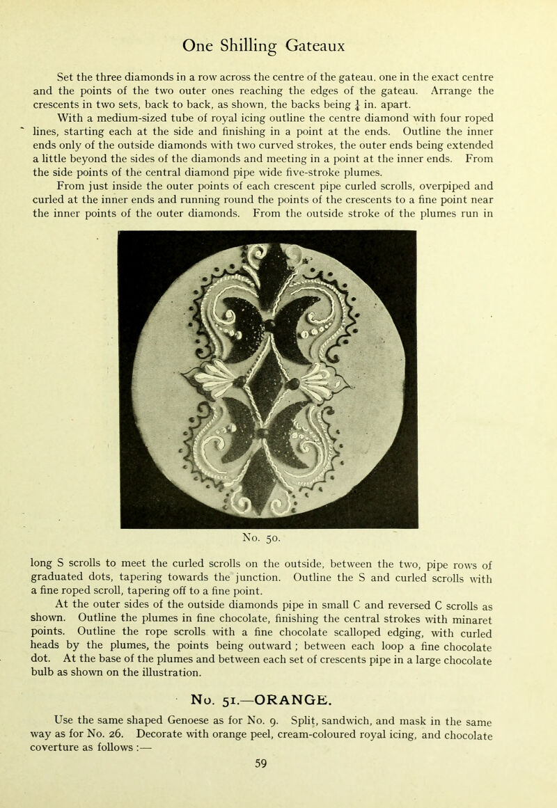 Set the three diamonds in a row across the centre of the gateau, one in the exact centre and the points of the two outer ones reaching the edges of the gateau. Arrange the crescents in two sets, back to back, as shown, the backs being £ in. apart. With a medium-sized tube of royal icing outline the centre diamond with four roped lines, starting each at the side and finishing in a point at the ends. Outline the inner ends only of the outside diamonds with two curved strokes, the outer ends being extended a little beyond the sides of the diamonds and meeting in a point at the inner ends. From the side points of the central diamond pipe wide five-stroke plumes. From just inside the outer points of each crescent pipe curled scrolls, overpiped and curled at the inner ends and running round the points of the crescents to a fine point near the inner points of the outer diamonds. From the outside stroke of the plumes run in No. 50. long S scrolls to meet the curled scrolls on the outside, between the two, pipe rows of graduated dots, tapering towards the junction. Outline the S and curled scrolls with a fine roped scroll, tapering off to a fine point. At the outer sides of the outside diamonds pipe in small C and reversed C scrolls as shown. Outline the plumes in fine chocolate, finishing the central strokes with minaret points. Outline the rope scrolls with a fine chocolate scalloped edging, with curled heads by the plumes, the points being outward ; between each loop a fine chocolate dot. At the base of the plumes and between each set of crescents pipe in a large chocolate bulb as shown on the illustration. No. 51.—ORANGE. Use the same shaped Genoese as for No. 9. Split, sandwich, and mask in the same way as for No. 26. Decorate with orange peel, cream-coloured royal icing, and chocolate coverture as follows :—
