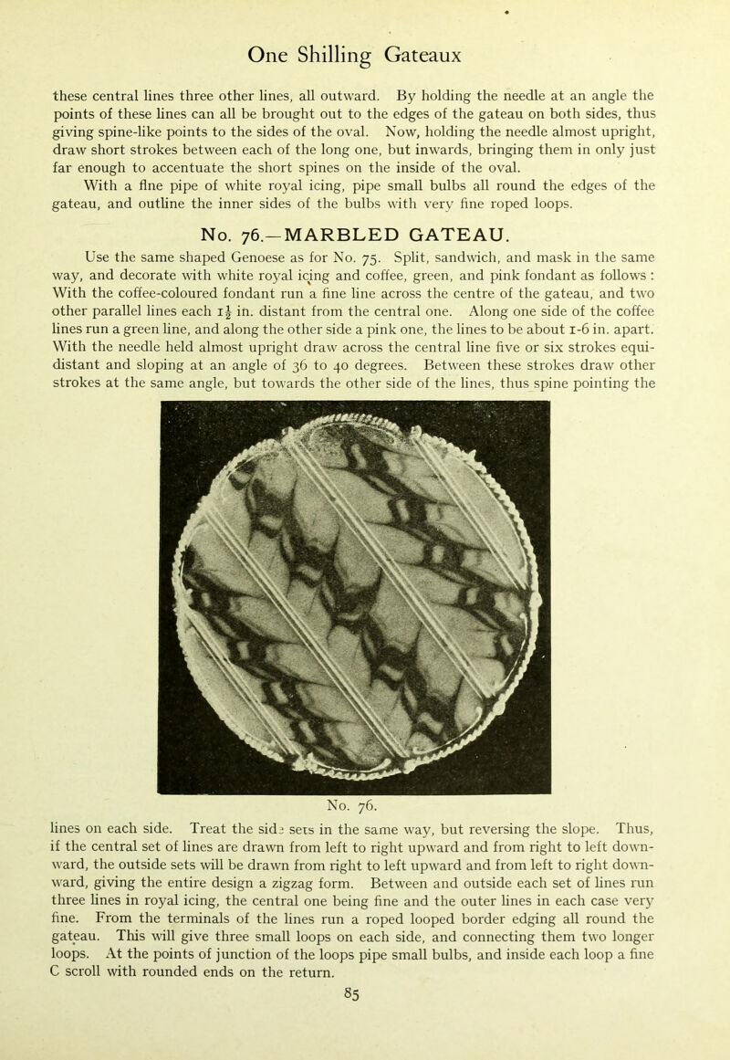 these central lines three other lines, all outward. By holding the needle at an angle the points of these lines can all be brought out to the edges of the gateau on both sides, thus giving spine-like points to the sides of the oval. Now, holding the needle almost upright, draw short strokes between each of the long one, but inwards, bringing them in only just far enough to accentuate the short spines on the inside of the oval. With a fine pipe of white royal icing, pipe small bulbs all round the edges of the gateau, and outline the inner sides of the bulbs with very fine roped loops. No. 76.—MARBLED GATEAU. Use the same shaped Genoese as for No. 75. Split, sandwich, and mask in the same way, and decorate with white royal icing and coffee, green, and pink fondant as follows : With the coffee-coloured fondant run a fine line across the centre of the gateau, and two other parallel lines each i§ in. distant from the central one. Along one side of the coffee lines run a green line, and along the other side a pink one, the lines to be about 1-6 in. apart. With the needle held almost upright draw across the central line five or six strokes equi- distant and sloping at an angle of 36 to 40 degrees. Between these strokes draw other strokes at the same angle, but towards the other side of the lines, thus spine pointing the No. 76. lines on each side. Treat the sidi sers in the same way, but reversing the slope. Thus, if the central set of lines are drawn from left to right upward and from right to left down- ward, the outside sets will be drawn from right to left upward and from left to right down- ward, giving the entire design a zigzag form. Between and outside each set of lines run three lines in royal icing, the central one being fine and the outer lines in each case very fine. From the terminals of the lines run a roped looped border edging all round the gateau. This will give three small loops on each side, and connecting them two longer loops. At the points of junction of the loops pipe small bulbs, and inside each loop a fine C scroll with rounded ends on the return.