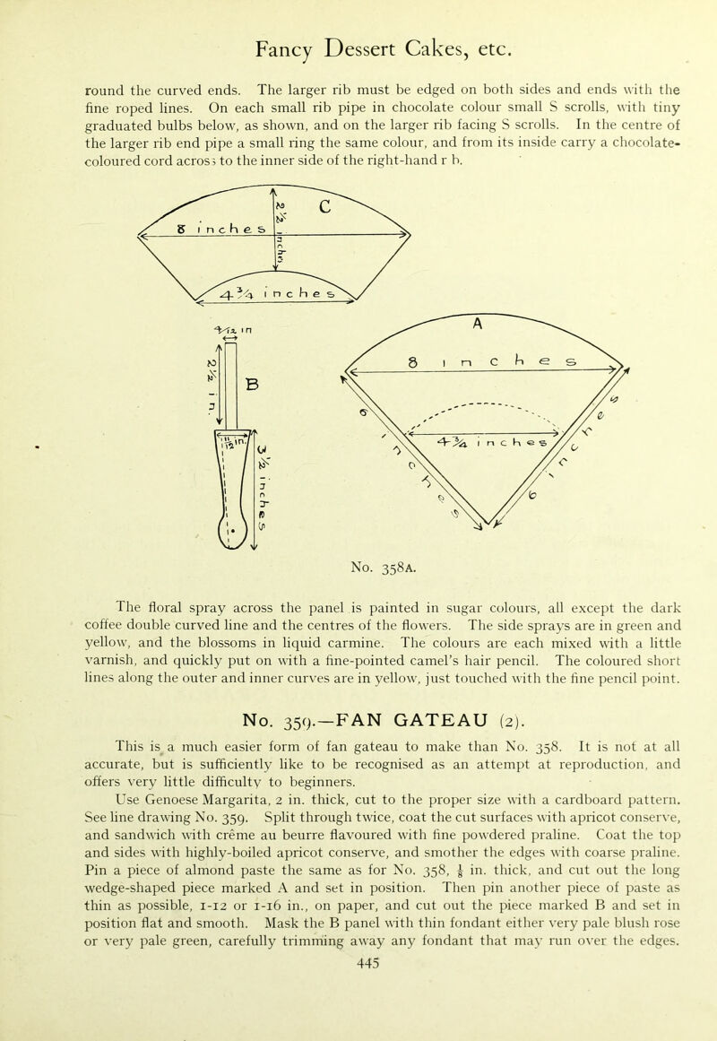 round the curved ends. The larger rib must be edged on both sides and ends with the fine roped lines. On each small rib pipe in chocolate colour small S scrolls, with tiny graduated bulbs below, as shown, and on the larger rib facing S scrolls. In the centre of the larger rib end pipe a small ring the same colour, and from its inside carry a chocolate- coloured cord across to the inner side of the right-hand r b. No. 358A. The floral spray across the panel is painted in sugar colours, all except the dark coffee double curved line and the centres of the flowers. The side sprays are in green and yellow, and the blossoms in liquid carmine. The colours are each mixed with a little varnish, and quickly put on with a fine-pointed camel’s hair pencil. The coloured short lines along the outer and inner curves are in yellow, just touched with the fine pencil point. No. 359.—FAN GATEAU (2). This is a much easier form of fan gateau to make than No. 358. It is not at all accurate, but is sufficiently like to be recognised as an attempt at reproduction, and offers very little difficulty to beginners. Use Genoese Margarita, 2 in. thick, cut to the proper size with a cardboard pattern. See line drawing No. 359. Split through twice, coat the cut surfaces with apricot conserve, and sandwich with creme au beurre flavoured with fine powdered praline. Coat the top and sides with highly-boiled apricot conserve, and smother the edges with coarse praline. Pin a piece of almond paste the same as for No. 358, | in. thick, and cut out the long wedge-shaped piece marked A and set in position. Then pin another piece of paste as thin as possible, 1-12 or 1-16 in., on paper, and cut out the piece marked B and set in position flat and smooth. Mask the B panel with thin fondant either very pale blush rose or very pale green, carefully trimming away any fondant that may run over the edges.