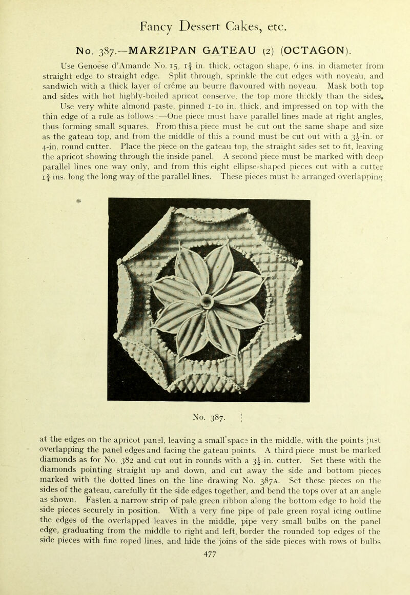 No. 387.—MARZIPAN GATEAU (2) (OCTAGON). Use Genoese d’Amande No. 15, if in. thick, octagon shape, 6 ins. in diameter from straight edge to straight edge. Split through, sprinkle the cut edges with noveau, and sandwich with a thick layer of creme au beurre flavoured with noyeau. Mask both top and sides with hot highly-boiled apricot conserve, the top more thickly than the sides. Use very white almond paste, pinned 1-10 in. thick, and impressed on top with the thin edge of a rule as follows :—One piece must have parallel lines made at right angles, thus forming small squares. From this a piece must be cut out the same shape and size as the gateau top, and from the middle of this a round must be cut out with a 3i-in. or q-in. round cutter. Place the piece on the gateau top, the straight sides set to ht, leaving the apricot showing through the inside panel. A second piece must be marked with deep parallel lines one way only, and from this eight ellipse-shaped pieces cut with a cutter 11 ins. long the long way of the parallel lines. These pieces must be arranged overlapping No. 387. at the edges on the apricot panel, leaving a small space in the middle, with the points just overlapping the panel edges and facing the gateau points. A third piece must be marked diamonds as for No. 382 and cut out in rounds with a 32-in. cutter. Set these with the diamonds pointing straight up and down, and cut away the side and bottom pieces marked with the dotted lines on the line drawing No. 387A. Set these pieces on the sides of the gateau, carefully fit the side edges together, and bend the tops over at an angle as shown. Fasten a narrow strip of pale green ribbon along the bottom edge to hold the side pieces securely in position. With a very fine pipe of pale green royal icing outline the edges of the overlapped leaves in the middle, pipe verv small bulbs on the panel edge, graduating from the middle to right and left, border the rounded top edges of the side pieces with fine roped lines, and hide the joins of the side pieces with rows of bulbs