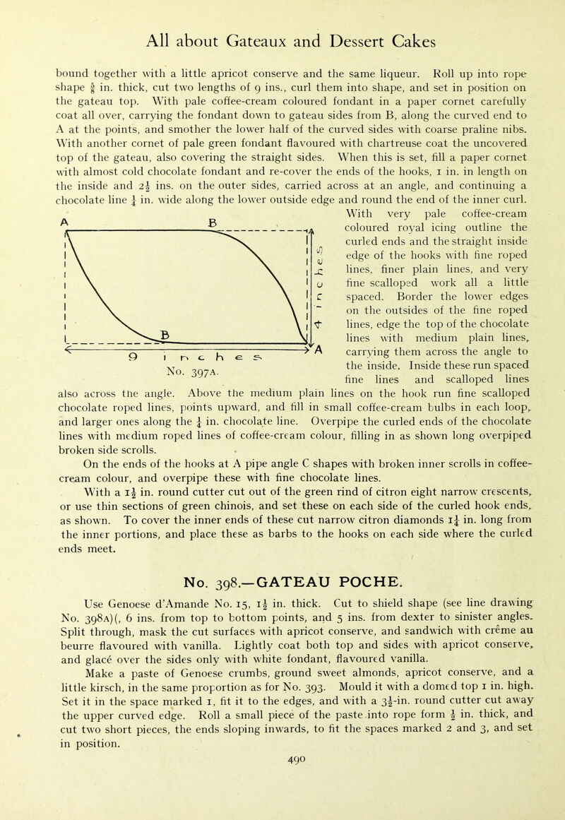 bound together with a little apricot conserve and the same liqueur. Roll up into rope shape | in. thick, cut two lengths of 9 ins., curl them into shape, and set in position on the gateau top. With pale coffee-cream coloured fondant in a paper cornet carefully coat all over, carrying the fondant down to gateau sides from B, along the curved end to A at the points, and smother the lower half of the curved sides with coarse praline nibs. With another cornet of pale green fondant flavoured with chartreuse coat the uncovered top of the gateau, also covering the straight sides. When this is set, fill a paper cornet with almost cold chocolate fondant and re-cover the ends of the hooks, 1 in. in length on the inside and 2| ins. on the outer sides, carried across at an angle, and continuing a chocolate line J in. wide along the lower outside edge and round the end of the inner curl. With very pale coffee-cream coloured royal icing outline the curled ends and the straight inside edge of the hooks with fine roped lines, finer plain lines, and very fine scalloped work all a little spaced. Border the lower edges on the outsides of the fine roped lines, edge the top of the chocolate lines with medium plain lines,, carrying them across the angle to the inside. Inside these run spaced fine lines and scalloped lines also across the angle. Above the medium plain lines on the hook run fine scalloped chocolate roped lines, points upward, and fill in small coffee-cream bulbs in each loop, and larger ones along the J in. chocolate line. Overpipe the curled ends of the chocolate lines with medium roped lines of coffee-cream colour, filling in as shown long overpiped broken side scrolls. On the ends of the hooks at A pipe angle C shapes with broken inner scrolls in coffee- cre^m colour, and overpipe these with fine chocolate lines. With a 1^ in. round cutter cut out of the green rind of citron eight narrow crescents, or use thin sections of green chinois, and set these on each side of the curled hook ends, as shown. To cover the inner ends of these cut narrow citron diamonds i£ in. long from the inner portions, and place these as barbs to the hooks on each side where the curled ends meet. No. 398.—GATEAU POCHE. Use Genoese d’Amande No. 15, in. thick. Cut to shield shape (see line drawing No. 398a)(, 6 ins. from top to bottom points, and 5 ins. from dexter to sinister angles. Split through, mask the cut surfaces with apricot conserve, and sandwich with creme au beurre flavoured with vanilla. Lightly coat both top and sides with apricot conserve, and glace over the sides only with white fondant, flavoured vanilla. Make a paste of Genoese crumbs, ground sweet almonds, apricot conserve, and a little kirsch, in the same proportion as for No. 393. Mould it with a domed top 1 in. high. Set it in the space marked 1, fit it to the edges, and with a 3^-in. round cutter cut away the upper curved edge. Roll a small piece of the paste into rope form | in. thick, and cut two short pieces, the ends sloping inwards, to fit the spaces marked 2 and 3, and set in position. A B