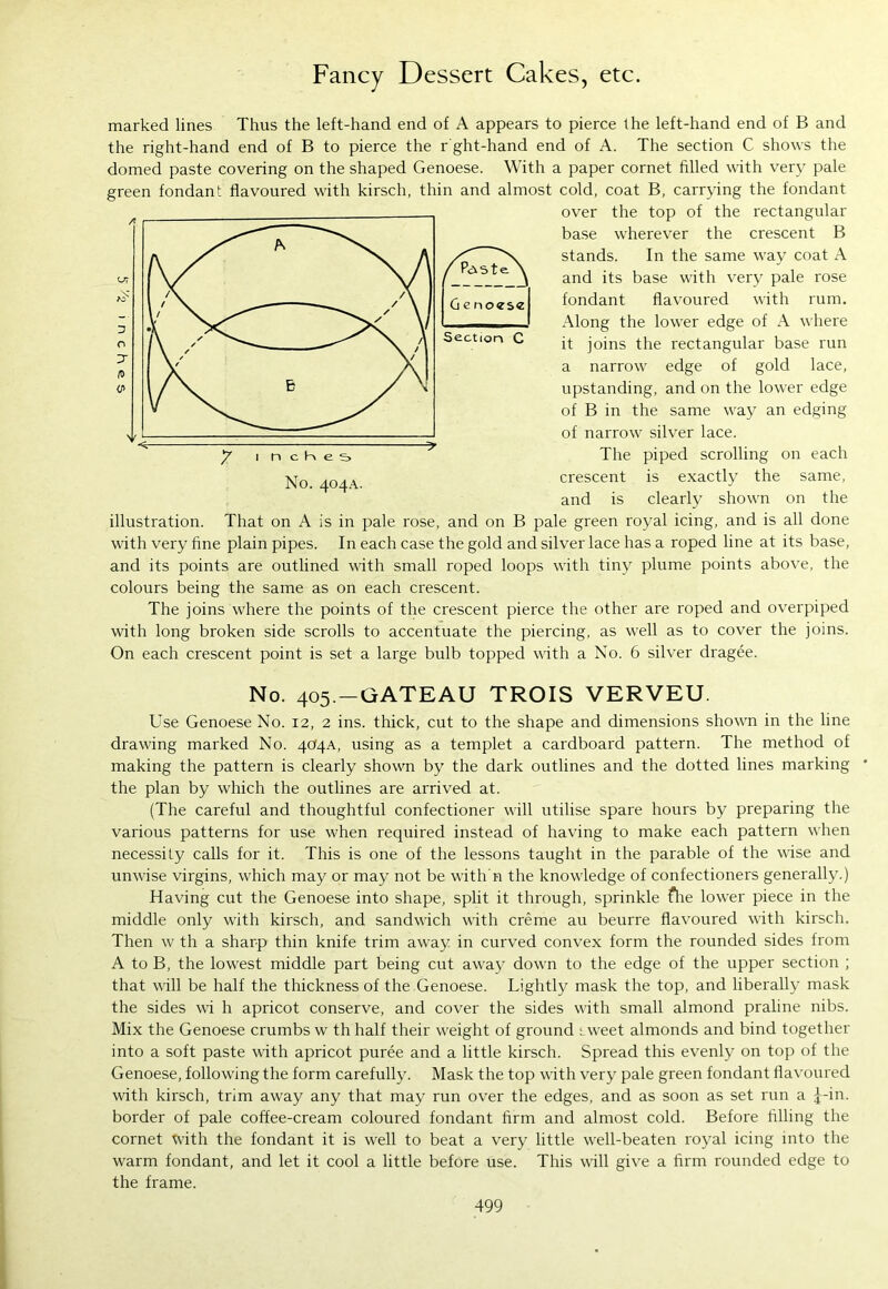 marked lines Thus the left-hand end of A appears to pierce the left-hand end of B and the right-hand end of B to pierce the r ght-hand end of A. The section C shows the domed paste covering on the shaped Genoese. With a paper cornet filled with very pale green fondant flavoured with kirsch, thin and almost cold, coat B, carrying the fondant over the top of the rectangular base wherever the crescent B stands. In the same way coat A and its base with very pale rose fondant flavoured with rum. Along the lower edge of A where it joins the rectangular base run a narrow edge of gold lace, upstanding, and on the lower edge of B in the same way an edging of narrow silver lace. The piped scrolling on each crescent is exactly the same, and is clearly shown on the illustration. That on A is in pale rose, and on B pale green royal icing, and is all done with very fine plain pipes. In each case the gold and silver lace has a roped line at its base, and its points are outlined with small roped loops with tiny plume points above, the colours being the same as on each crescent. The joins where the points of the crescent pierce the other are roped and overpiped with long broken side scrolls to accentuate the piercing, as well as to cover the joins. On each crescent point is set a large bulb topped with a No. 6 silver dragee. No. 405.-GATEAU TROIS VERVEU. Use Genoese No. 12, 2 ins. thick, cut to the shape and dimensions shown in the line drawing marked No. 4C4.A, using as a templet a cardboard pattern. The method of making the pattern is clearly shown by the dark outlines and the dotted lines marking the plan by which the outlines are arrived at. (The careful and thoughtful confectioner will utilise spare hours by preparing the various patterns for use when required instead of having to make each pattern when necessity calls for it. This is one of the lessons taught in the parable of the wise and unwise virgins, which may or may not be with’n the knowledge of confectioners generally.) Having cut the Genoese into shape, split it through, sprinkle fhe lower piece in the middle only with kirsch, and sandwich with creme au beurre flavoured with kirsch. Then w th a sharp thin knife trim away in curved convex form the rounded sides from A to B, the lowest middle part being cut away down to the edge of the upper section ; that will be half the thickness of the Genoese. Lightly mask the top, and liberally mask the sides wi h apricot conserve, and cover the sides with small almond praline nibs. Mix the Genoese crumbs w th half their weight of ground tweet almonds and bind together into a soft paste with apricot puree and a little kirsch. Spread this evenly on top of the Genoese, following the form carefully. Mask the top with very pale green fondant flavoured with kirsch, trim away any that may run over the edges, and as soon as set run a jdm border of pale coffee-cream coloured fondant firm and almost cold. Before filling the cornet With the fondant it is well to beat a very little well-beaten royal icing into the warm fondant, and let it cool a little before use. This will give a firm rounded edge to the frame. Section C