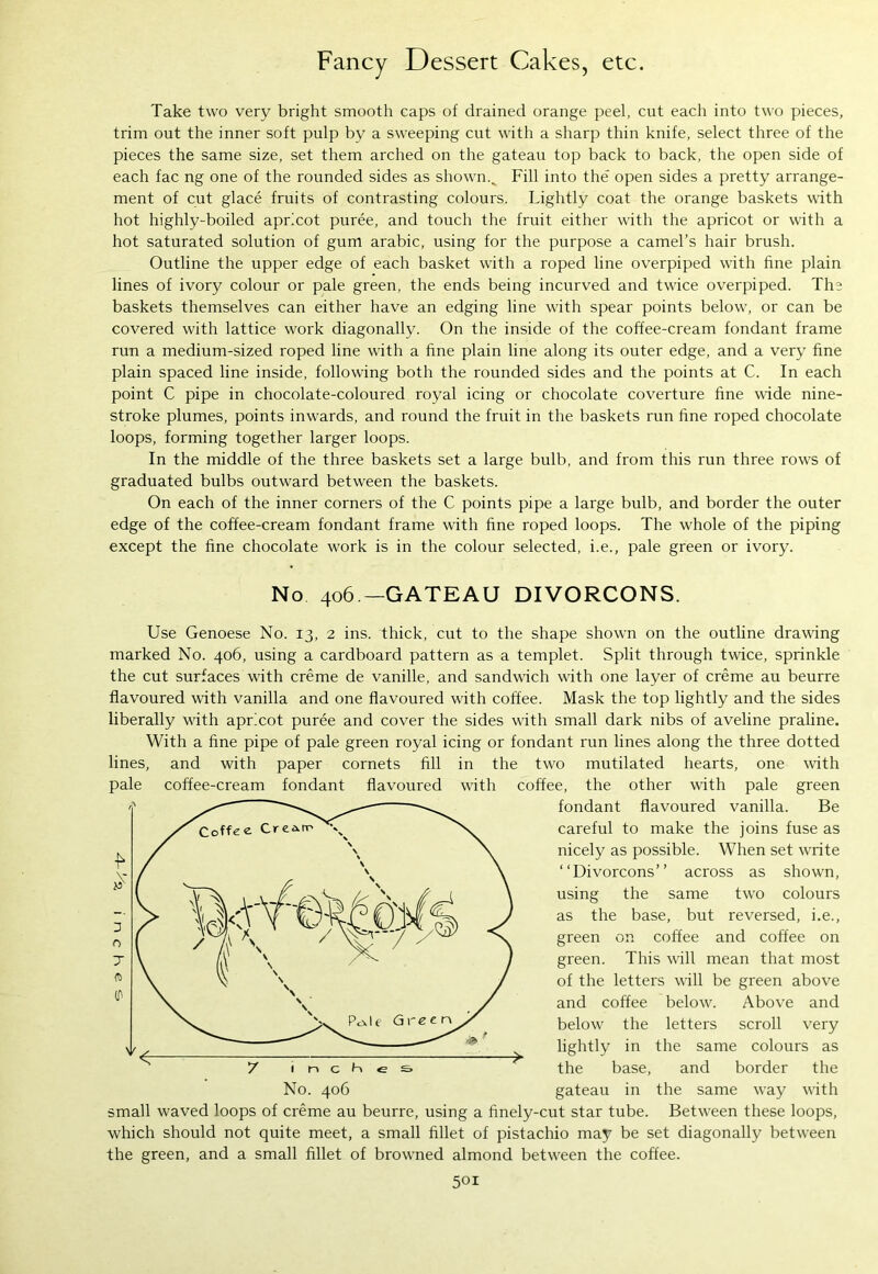 Take two very bright smooth caps of drained orange peel, cut each into two pieces, trim out the inner soft pulp by a sweeping cut with a sharp thin knife, select three of the pieces the same size, set them arched on the gateau top back to back, the open side of each fac ng one of the rounded sides as shown.. Fill into the' open sides a pretty arrange- ment of cut glace fruits of contrasting colours. Lightly coat the orange baskets with hot highly-boiled apricot puree, and touch the fruit either with the apricot or with a hot saturated solution of gum arabic, using for the purpose a camel’s hair brush. Outline the upper edge of each basket with a roped line overpiped with fine plain lines of ivory colour or pale green, the ends being incurved and twice overpiped. The baskets themselves can either have an edging line with spear points below, or can be covered with lattice work diagonally. On the inside of the coffee-cream fondant frame run a medium-sized roped line with a fine plain line along its outer edge, and a very fine plain spaced line inside, following both the rounded sides and the points at C. In each point C pipe in chocolate-coloured royal icing or chocolate coverture fine wide nine- stroke plumes, points inwards, and round the fruit in the baskets run fine roped chocolate loops, forming together larger loops. In the middle of the three baskets set a large bulb, and from this run three rows of graduated bulbs outward between the baskets. On each of the inner corners of the C points pipe a large bulb, and border the outer edge of the coffee-cream fondant frame with fine roped loops. The whole of the piping except the fine chocolate work is in the colour selected, i.e., pale green or ivory. No 406 —GATEAU DIVORCONS. Use Genoese No. 13, 2 ins. thick, cut to the shape shown on the outline drawing marked No. 406, using a cardboard pattern as a templet. Split through twice, sprinkle the cut surfaces with creme de vanille, and sandwich with one layer of creme au beurre flavoured with vanilla and one flavoured with coffee. Mask the top lightly and the sides liberally with apricot puree and cover the sides with small dark nibs of aveline praline. With a fine pipe of pale green royal icing or fondant run lines along the three dotted lines, and with paper cornets fill in the two mutilated hearts, one with pale coffee-cream fondant flavoured with coffee, the other with pale green fondant flavoured vanilla. Be careful to make the joins fuse as nicely as possible. When set write “Divorcons” across as shown, using the same two colours as the base, but reversed, i.e., green on coffee and coffee on green. This will mean that most of the letters will be green above and coffee below. Above and below the letters scroll very lightly in the same colours as the base, and border the gateau in the same way with small waved loops of creme au beurre, using a finely-cut star tube. Between these loops, which should not quite meet, a small fillet of pistachio may be set diagonally between the green, and a small fillet of browned almond between the coffee.