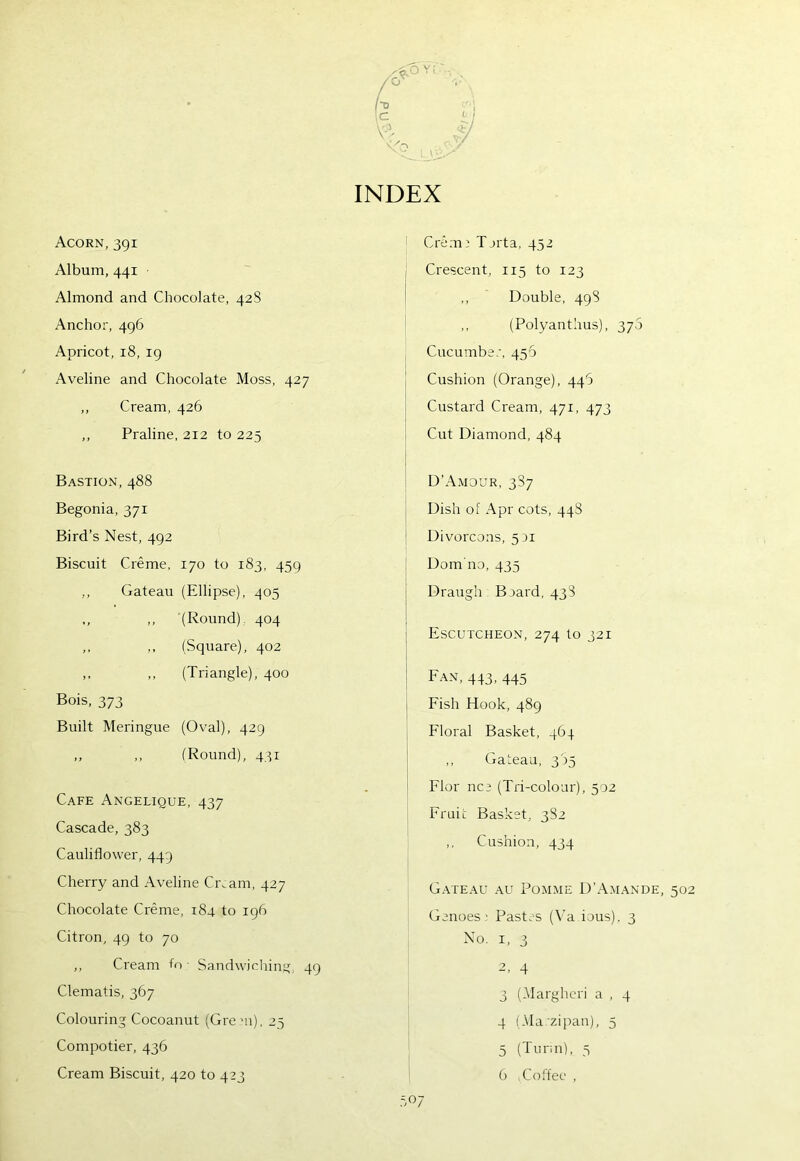 oy; h r/-| c j % INDEX Acorn, 391 Album, 441 Almond and Chocolate, 428 Anchor, 496 Apricot, 18, 19 Aveline and Chocolate Moss, 427 ,, Cream, 426 ,, Praline, 212 to 225 Bastion, 488 Begonia, 371 Bird’s Nest, 492 Biscuit Creme, 170 to 183, 459 ,, Gateau (Ellipse), 405 ,, ,, '(Round) 404 ,, ,, (Square), 402 ,, (Triangle), 400 Bois, 373 Built Meringue (Oval), 429 ,, ,, (Round), 431 Cafe Angelique, 437 Cascade, 383 Cauliflower, 449 Cherry and Aveline Civ am, 427 Chocolate Creme, 184 to 196 Citron, 49 to 70 ,, Cream to Sandwiching, 49 Clematis, 367 Colouring Cocoanut (Gre mi), 25 Compotier, 436 Cream Biscuit, 420 to 423 Crem 1 T jrta, 452 j Crescent, 115 to 123 ,, Double, 49S ,, (Polyanthus), 370 Cucumber, 456 Cushion (Orange), 448 Custard Cream, 471, 473 Cut Diamond, 484 D’Amour, 3S7 Dish of Apr cots, 44S Divorcons, 531 Dom no, 435 Draugh Beard, 438 Escutcheon, 274 to 321 Fan, 443, 445 : Fish Hook, 489 Floral Basket, 464 ,, Gateau, 385 Flor nee (Tri-colour), 502 Fruit Basket, 3S2 ,, Cushion, 434 Gateau au Pomme D’Amande, 502 Genoes : Pastes (Va ious). 3 No, 1, 3 2, 4 3 (Margheri a , 4 4 (Marzipan), 5 5 (Tunn), 5 6 Coffee ,