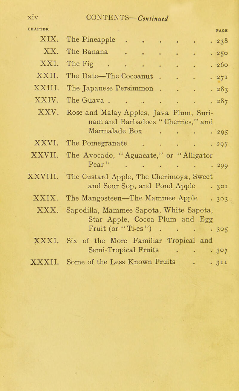 CHAPTER PAGB XIX. The Pineapple • 238 XX. The Banana • 250 XXL The Fig • 260 XXII. The Date—The Cocoanut . • 271 XXIII. The Japanese Persimmon . . 283 XXIV. The Guava . 287 XXV. Rose and Malay Apples, Java Pltim, Suri- nam and Barbadoes “ Cherries,” and Marmalade Box • 295 XXVI. The Pomegranate .... • 297 XXVII. The Avocado, “Aguacate,” or “Alligator Pear” • 299 XXVIII. The Custard Apple, The Cherimoya, Sweet and Sour Sop, and Pond Apple • 301 XXIX. The Mangosteen—The Mammee Apple • 303 XXX. Sapodilla, Mammee vSapota, White Sapota, Star Apple, Cocoa Plum and Egg Fruit (or “ Ti-es ”) . • 305 XXXI. Six of the More Familiar Tropical and Semi-Tropical Fruits • 307 XXXII. Some of the Less Known Fruits • 311