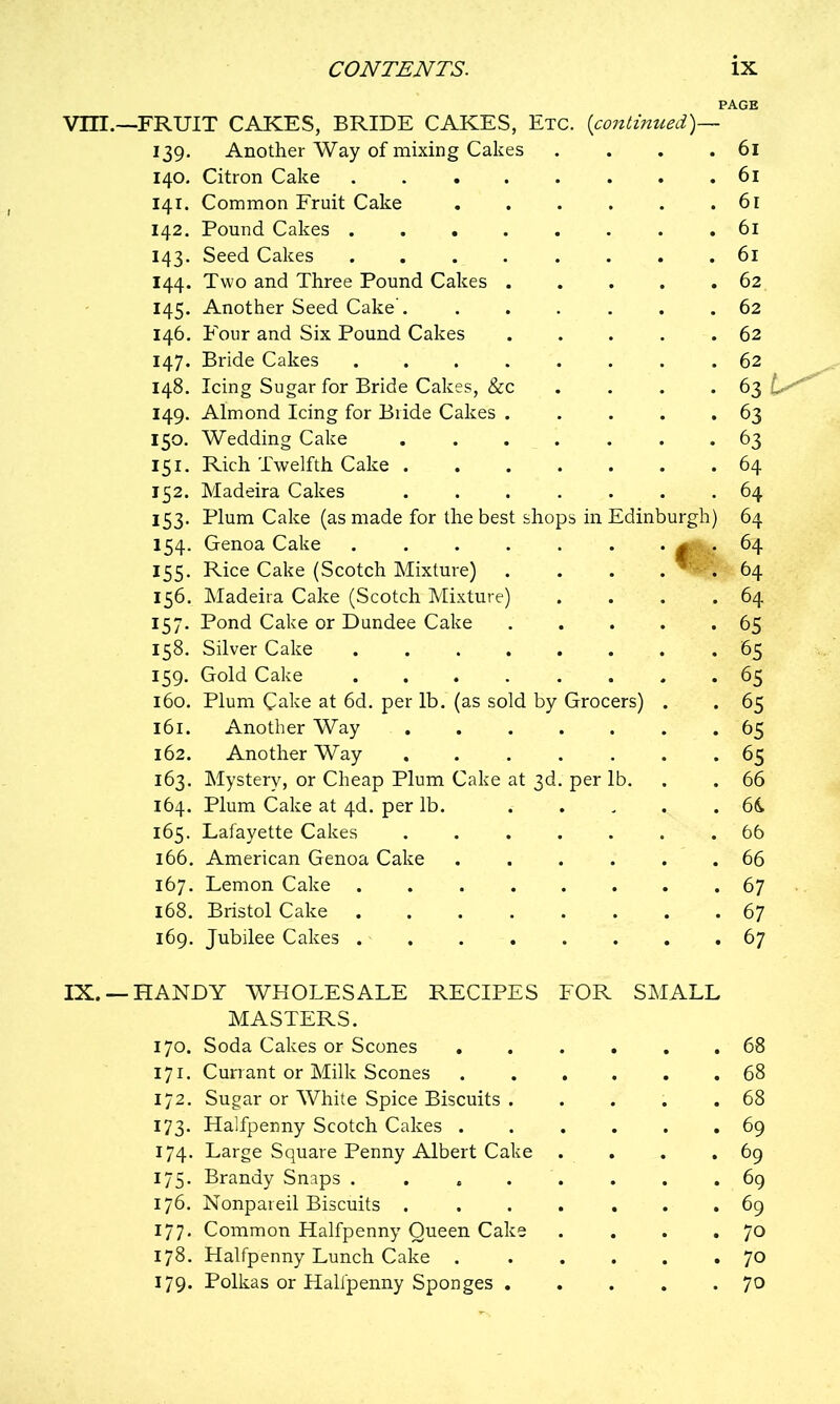 PAGE vm.— FRUIT CAKES, BRIDE CAKES, Etc. (continued)— 139. Another Way of mixing Cakes . 61 140. Citron Cake ..... 61 141. Common Fruit Cake . 61 142. Pound Cakes 61 I43- Seed Cakes ..... 61 144. Two and Three Pound Cakes . . 62 145- Another Seed Cake . 62 146. Four and Six Pound Cakes . 62 147. Bride Cakes ..... 62 148. Icing Sugar for Bride Cakes, &c 63 L 149. Almond Icing for Bride Cakes . . 63 150. Wedding Cake .... . 63 iSi- Rich Twelfth Cake .... 64 152. Madeira Cakes .... 64 153* Plum Cake (as made for the best shops in Edinbn irgh) 64 154- Genoa Cake ..... ■r • 64 155* Rice Cake (Scotch Mixture) f; 64 156. Madeira Cake (Scotch Mixture) . 64 157- Pond Cake or Dundee Cake 65 158. Silver Cake ..... 65 159. Gold Cake ..... . 65 160. Plum Cake at 6d. per lb. (as sold by Grocers) . 65 161. Another Way . 65 162. Another Way .... . 65 163. Mystery, or Cheap Plum Cake at 3d. per lb. 66 164. Plum Cake at 4d. per lb. . 6(, 165. Lafayette Cakes .... . 66 166. American Genoa Cake . 66 167. Lemon Cake 67 168. Bristol Cake ..... . 6 7 169. Jubilee Cakes . . . 67 IX. —HANDY WHOLESALE RECIPES FOR SMALL MASTERS. 170. Soda Cakes or Scones 68 171. Currant or Milk Scones 68 172. Sugar or White Spice Biscuits . . . . .68 173. Halfpenny Scotch Cakes 69 174. Large Square Penny Albert Cake . . . .69 175. Brandy Snaps . . . . . . .69 176. Nonpareil Biscuits ....... 69 177. Common Halfpenny Queen Cake . . . .70 178. Halfpenny Lunch Cake . ..... 70 179. Polkas or Halfpenny Sponges . . . . -7°