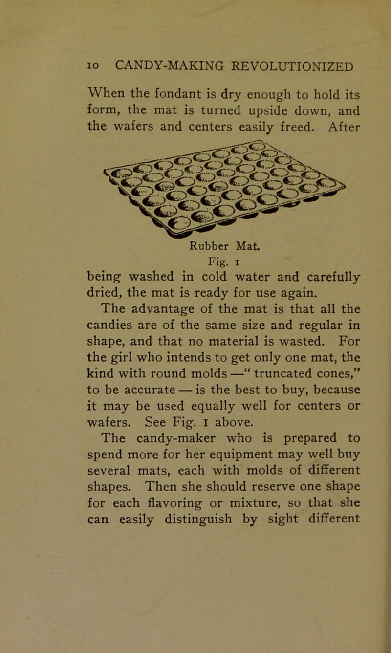 When the fondant is dry enough to hold its form, the mat is turned upside down, and the wafers and centers easily freed. After being washed in cold water and carefully dried, the mat is ready for use again. The advantage of the mat is that all the candies are of the same size and regular in shape, and that no material is wasted. For the girl who intends to get only one mat, the kind with round molds —“ truncated cones,” to be accurate — is the best to buy, because it may be used equally well for centers or wafers. See Fig. i above. The candy-maker who is prepared to spend more for her equipment may well buy several mats, each with molds of different shapes. Then she should reserve one shape for each flavoring or mixture, so that she can easily distinguish by sight different