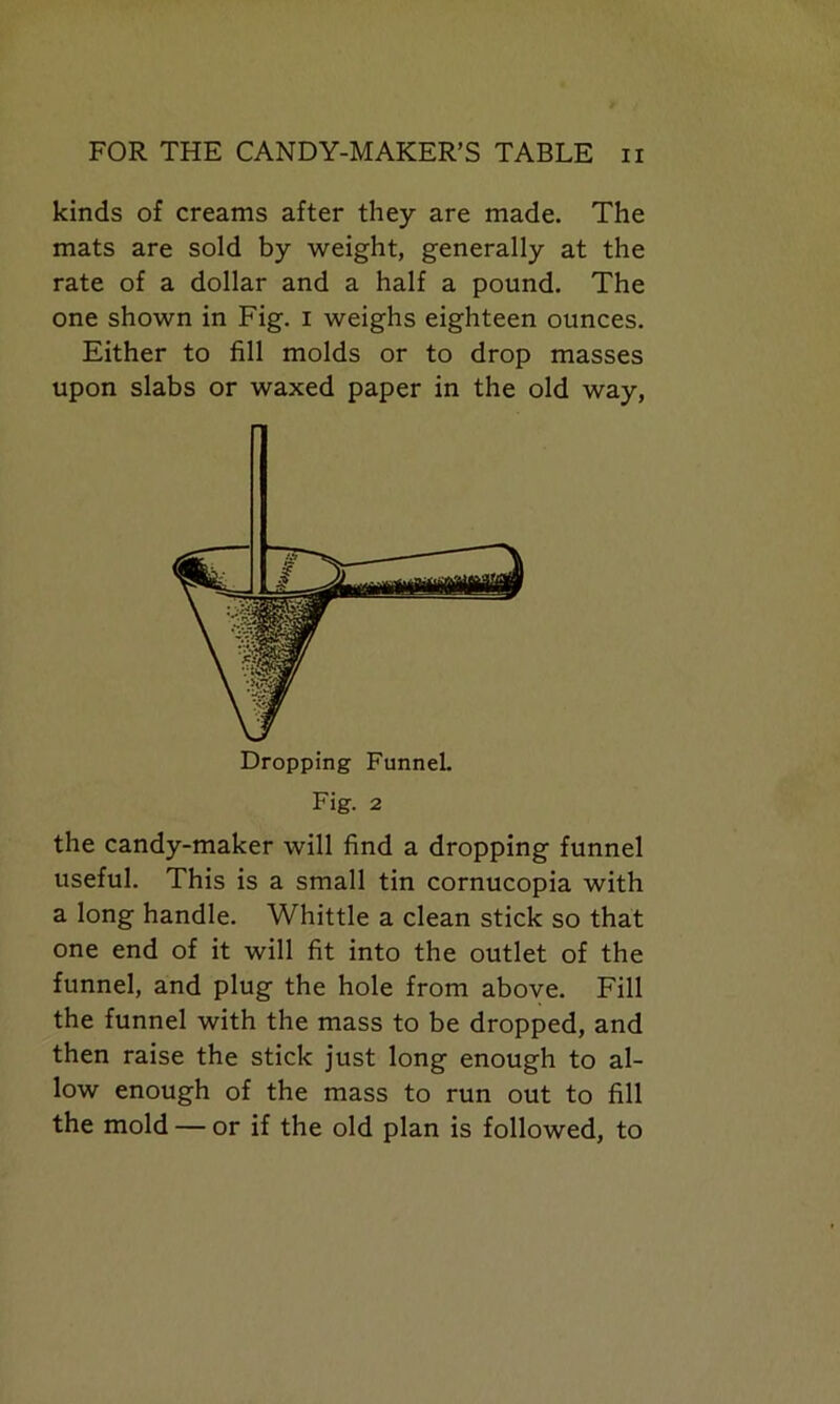 kinds of creams after they are made. The mats are sold by weight, generally at the rate of a dollar and a half a pound. The one shown in Fig. i weighs eighteen ounces. Either to fill molds or to drop masses upon slabs or waxed paper in the old way, Fig. 2 the candy-maker will find a dropping funnel useful. This is a small tin cornucopia with a long handle. Whittle a clean stick so that one end of it will fit into the outlet of the funnel, and plug the hole from above. Fill the funnel with the mass to be dropped, and then raise the stick just long enough to al- low enough of the mass to run out to fill the mold — or if the old plan is followed, to
