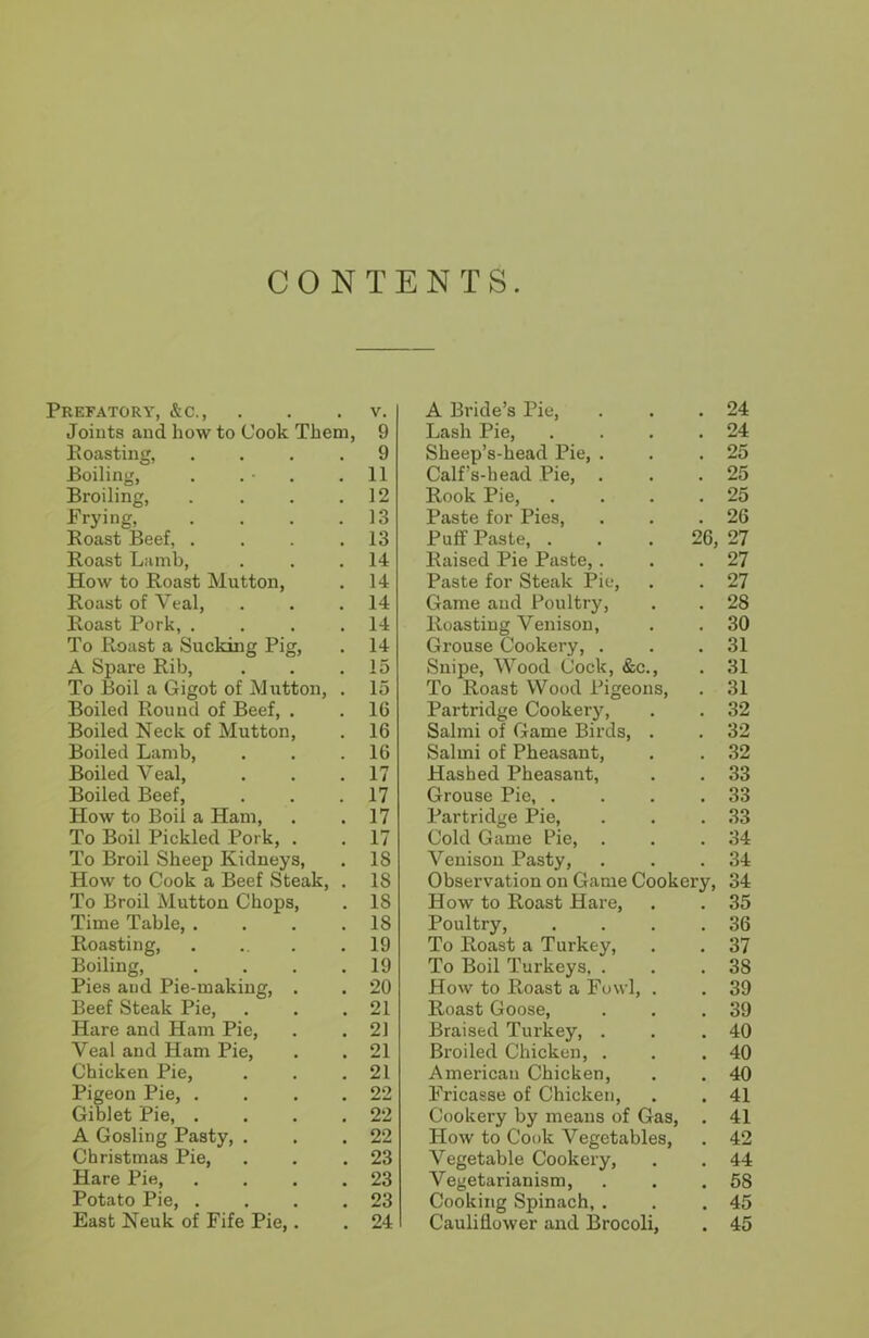 CONTENTS Prefatory, &c., Joints and how to Cook Them, Eoasting, .... Boiling, . Broiling, .... Frying, .... Roast Beef, .... Roast Lamb, How to Roast Mutton, Roast of Veal, Roast Pork, .... To Roast a Sucking Pig, A Spare Rib, To Boil a Gigot of Mutton, . Boiled Round of Beef, . Boiled Neck of Mutton, Boiled Lamb, Boiled Veal, Boiled Beef, How to Boil a Ham, To Boil Pickled Pork, . To Broil Sheep Kidneys, How to Cook a Beef Steak, . To Broil Mutton Chops, Time Table, .... Roasting, Boiling, .... Pies and Pie-making, . Beef Steak Pie, Hare and Ham Pie, Veal and Ham Pie, Chicken Pie, Pigeon Pie, .... Giblet Pie, .... A Gosling Pasty, . Christmas Pie, Hare Pie, .... Potato Pie, .... East Neuk of Fife Pie,. A Bride’s Pie, . 24 Lash Pie, . 24 Sheep’s-head Pie, . . 25 Calf’s-head Pie, . . 25 Rook Pie, . 25 Paste for Pies, . 26 Puff Paste, . 26, 27 Raised Pie Paste,. . 27 Paste for Steak Pie, . 27 Game and Poultry, . 28 Roasting Venison, . 30 Grouse Cookery, . . 31 Snipe, Wood Cock, &c., . 31 To Roast Wood Pigeons, . 31 Partridge Cookery, . 32 Salmi of Game Birds, . . 32 Salmi of Pheasant, . 32 Hashed Pheasant, . 33 Grouse Pie, . . 33 Partridge Pie, . 33 Cold Game Pie, . . 34 Venison Pasty, . 34 Observation on Game Cookery, 34 How to Roast Hare, . 35 Poultry, . 36 To Roast a Turkey, . 37 To Boil Turkeys, . . 38 How to Roast a Fowl, . . 39 Roast Goose, . 39 Braised Turkey, . . 40 Broiled Chicken, . . 40 American Chicken, . 40 Fricasse of Chicken, . 41 Cookery by means of Gas, . 41 How to Cook Vegetables, . 42 Vegetable Cookery, . 44 Vegetarianism, . 58 Cooking Spinach, . . 45 Cauliflower and Brocoli, . 45 v. 9 9 11 12 13 13 14 14 14 14 14 15 15 16 16 16 17 17 17 17 18 18 IS 18 19 19 20 21 21 21 21 22 22 22 23 23 23 24