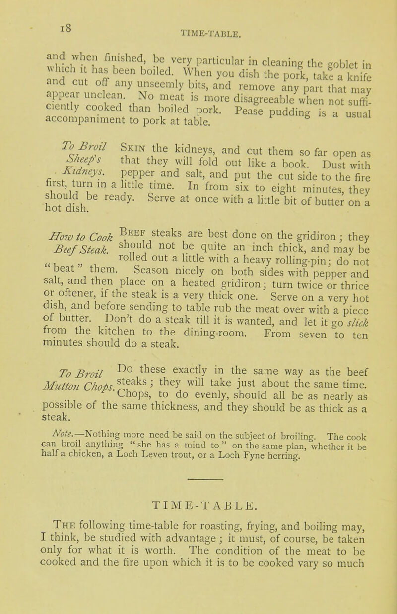 TIME-TABLE. and when finished, be very particular in cleaning the goblet in ' u,c 1 11 liaJ. been boded. When you dish the pork, take a knife and cut off any unseemly bits, and remove any part that may appear unclean. No meat is more disagreeable when not suffb ciently cooked than boiled pork. Pease pudding is a usual accompaniment to pork at table. W SiKIN Tthe kldneys’ and cut them so far °pen as bleeps that they will fold out like a book. Dust with • Kidneys. pepper and salt, and put the cut side to the fire first, turn in a little time. In from six to eight minutes, they should be ready. Serve at once with a little bit of butter on a hot dish. Hozv to Cook -^EEF steaks are best done on the gridiron ; they Beefsteak. ,, d not be <lui.te an inch thick, and may be rolled out a little with a heavy rolling-pin; do not * beat them. Season nicely on both sides with pepper and salt, and then place on a heated gridiron; turn twice or thrice 01 oftener, if the steak is a very thick one. Serve on a very hot dish, and before sending to table rub the meat over with a piece of butter. Don’t do a steak till it is wanted, and let it go slick from the kitchen to the dining-room. From seven to ten minutes should do a steak. To Broil ■b>0 these exactly in the same way as the beef Mutton Chops.s{e^ > they wdl take Just about the same time. 'Chops, to do evenly, should all be as nearly as possible of the same thickness, and they should be as thick as a steak. Note.—Nothing more need be said on the subject of broiling. The cook can broil anything “ she has a mind to ” on the same plan, whether it be half a chicken, a Loch Leven trout, or a Loch Fyne herring. TIME-TABLE. The following time-table for roasting, frying, and boiling may, I think, be studied with advantage; it must, of course, be taken only for what it is worth. The condition of the meat to be cooked and the fire upon which it is to be cooked vary so much