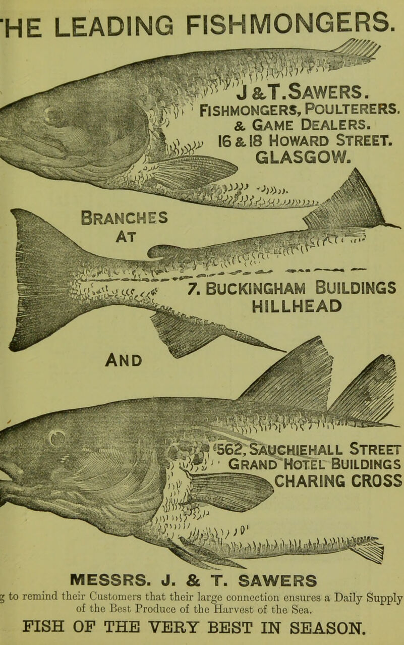 Branches at HE LEADING FISHMONGERS. J&T.Sawers. Fishmongers, Poulterers. & Game Dealers. I6&I8 Howard Street. GLASGOW. ■>>>>,i. 7. BUCKINGHAM BUILDINGS H5LLHEAD AND _ * «S62; SAUGHIEHAL L STREET ) ii.’ffi'< Grand Hotel Buildings .CHARING CROSS MESSRS. J. & T. SAWERS to remind their Customers that their large connection ensures a Daily Supply of the Best Produce of the Harvest of the Sea. FISH OF THE VERY BEST IN SEASON.