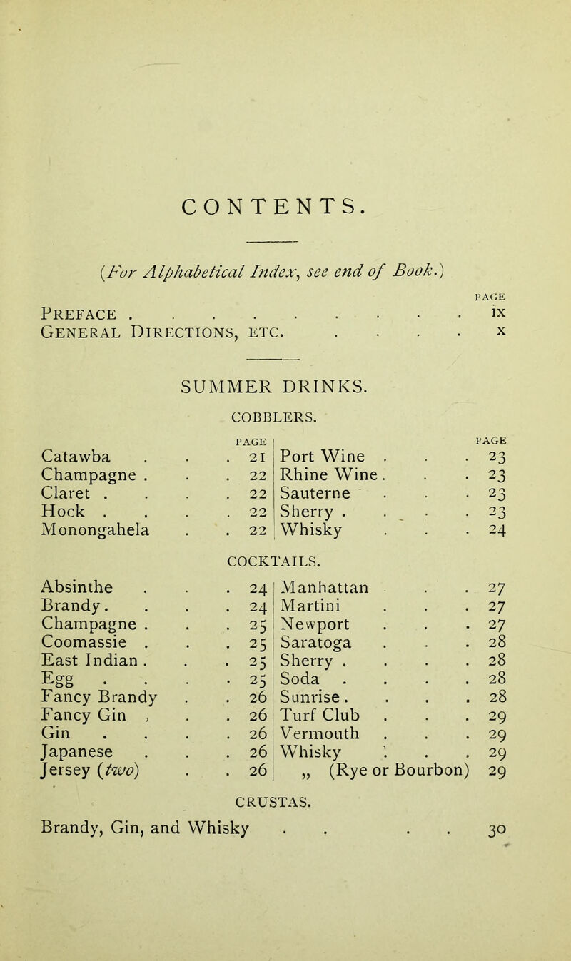 CONTENTS {For Alphabetical Index, see end of Book.) PAGE Preface ix General Directions, etc. x SUMMER DRINKS. COBBLERS. PAGE PAGE Catawba . 21 Port Wine . 23 Champagne . . 22 Rhine Wine. 23 Claret . . 22 Sauterne 23 Hock . . 22 Sherry . 23 Monongahela . 22 Whisky 24 COCKTAILS. Absinthe . 24 Manhattan 27 Brandy. . 24 Martini 27 Champagne . • 25 Newport 27 Coomassie . • 25 Saratoga 28 East Indian . • 25 Sherry . 28 Egg . . 25 Soda 28 Fancy Brandy . 26 Sunrise. 28 Fancy Gin , . 26 Turf Club . 29 Gin . 26 Vermouth 29 Japanese . 26 Whisky 29 Jersey {two) . 26 „ (Rye or Bourbon) 29 CRUSTAS. Brandy, Gin, and Whisky 30